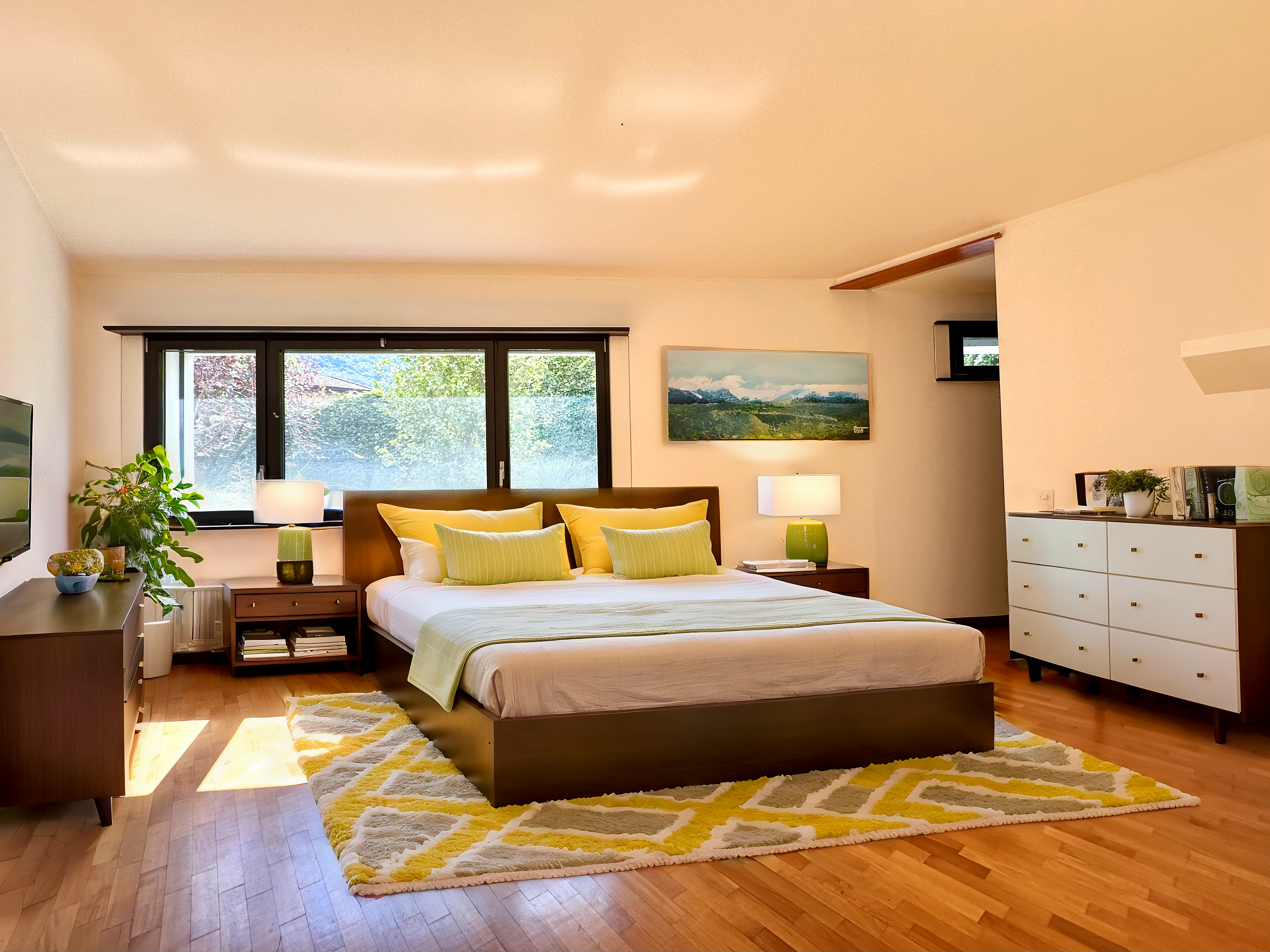 Helles Schlafzimmer mit Blick ins Grüne
