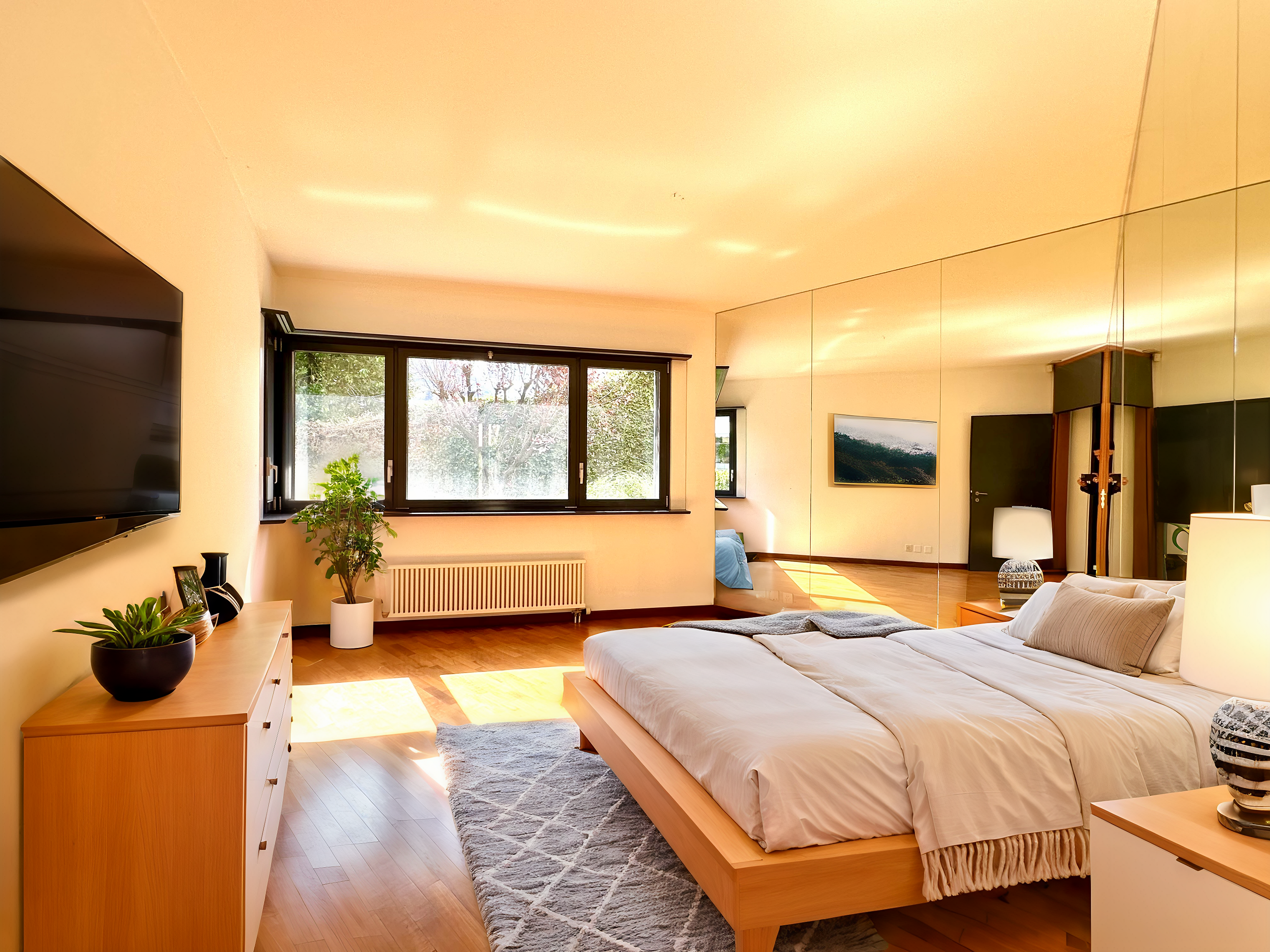 Helles Schlafzimmer mit großem Fenster und Spiegelwand