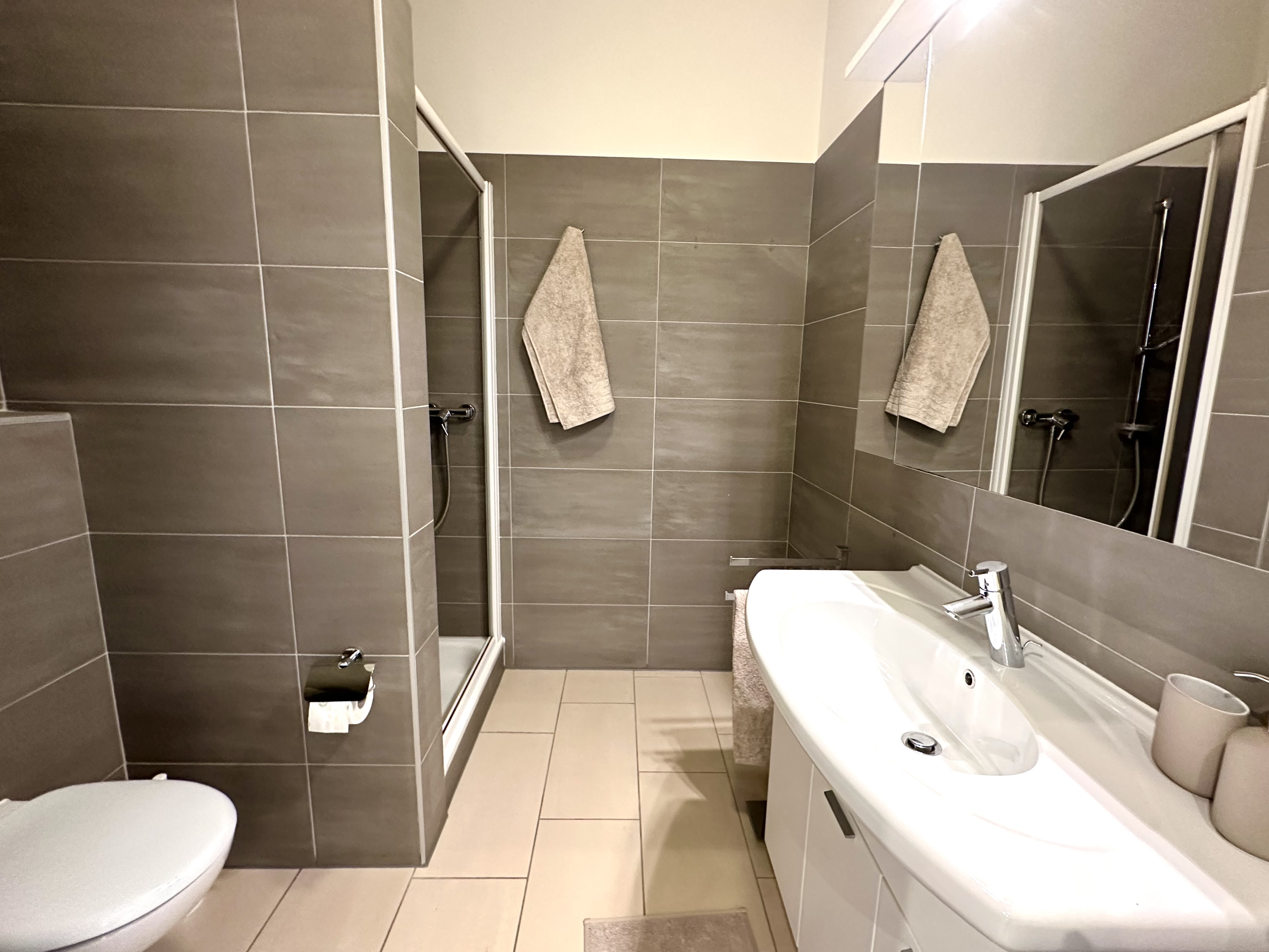 Modernes Badezimmer mit Dusche und Waschtisch