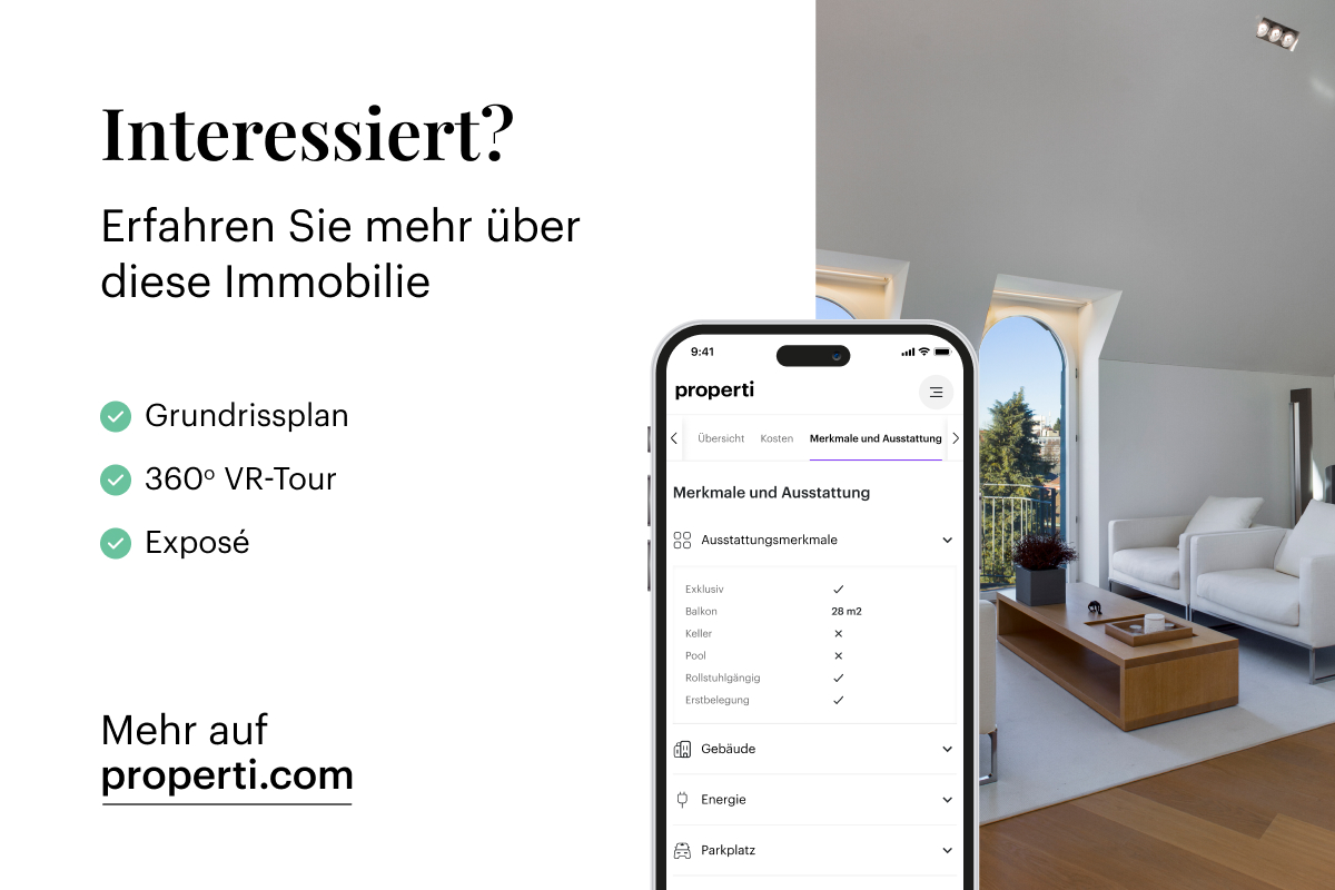Werbebild mit Immobilien-App und Innenraum