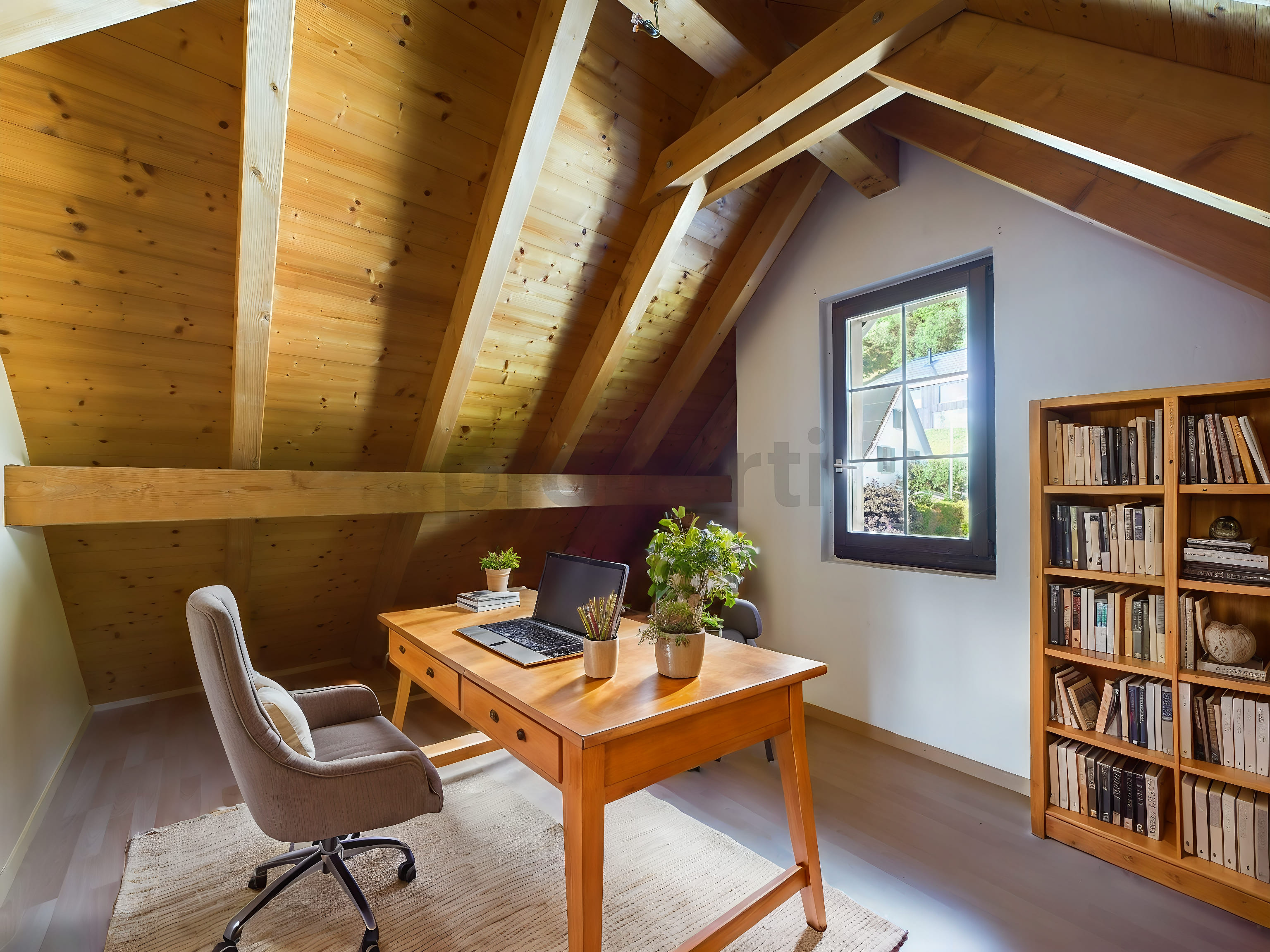 Dachgeschoss-Büro mit Holzbalken