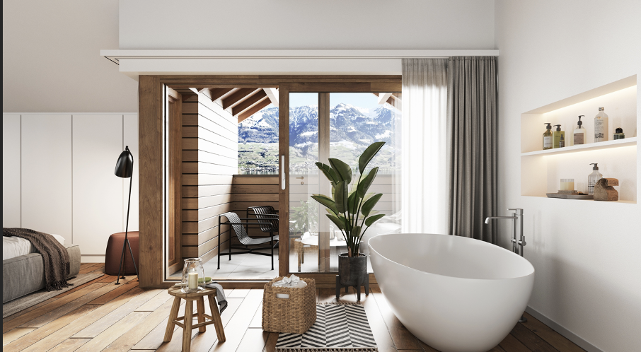 Modernes Bad mit Terrasse und Bergblick