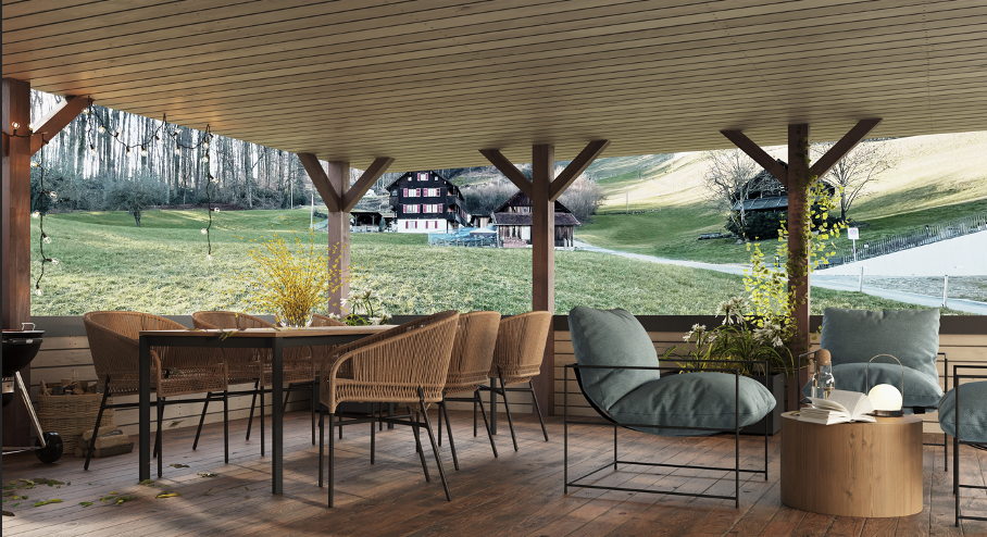 Überdachte Terrasse mit Blick ins Grüne