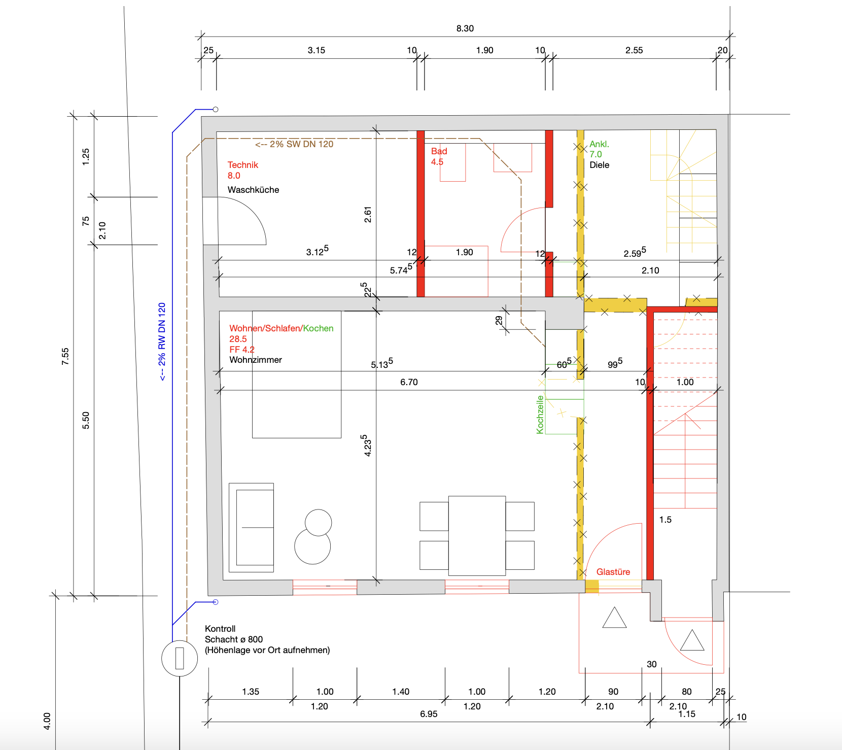 Grundriss einer kleinen Wohnung mit Wohnbereich, Technikraum, Bad, Diele, Ankleide und Treppe