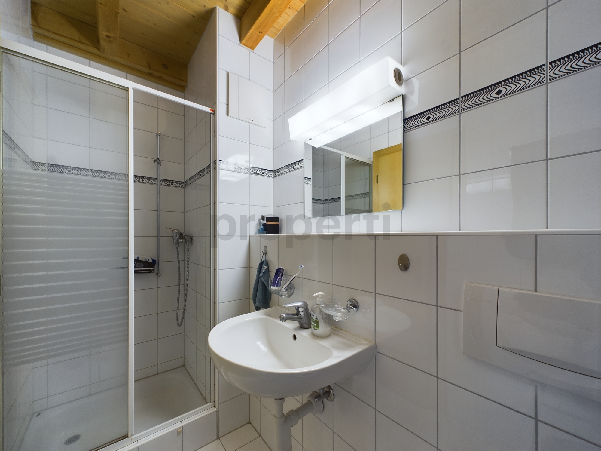 Kleines Badezimmer mit Dusche und Waschtisch