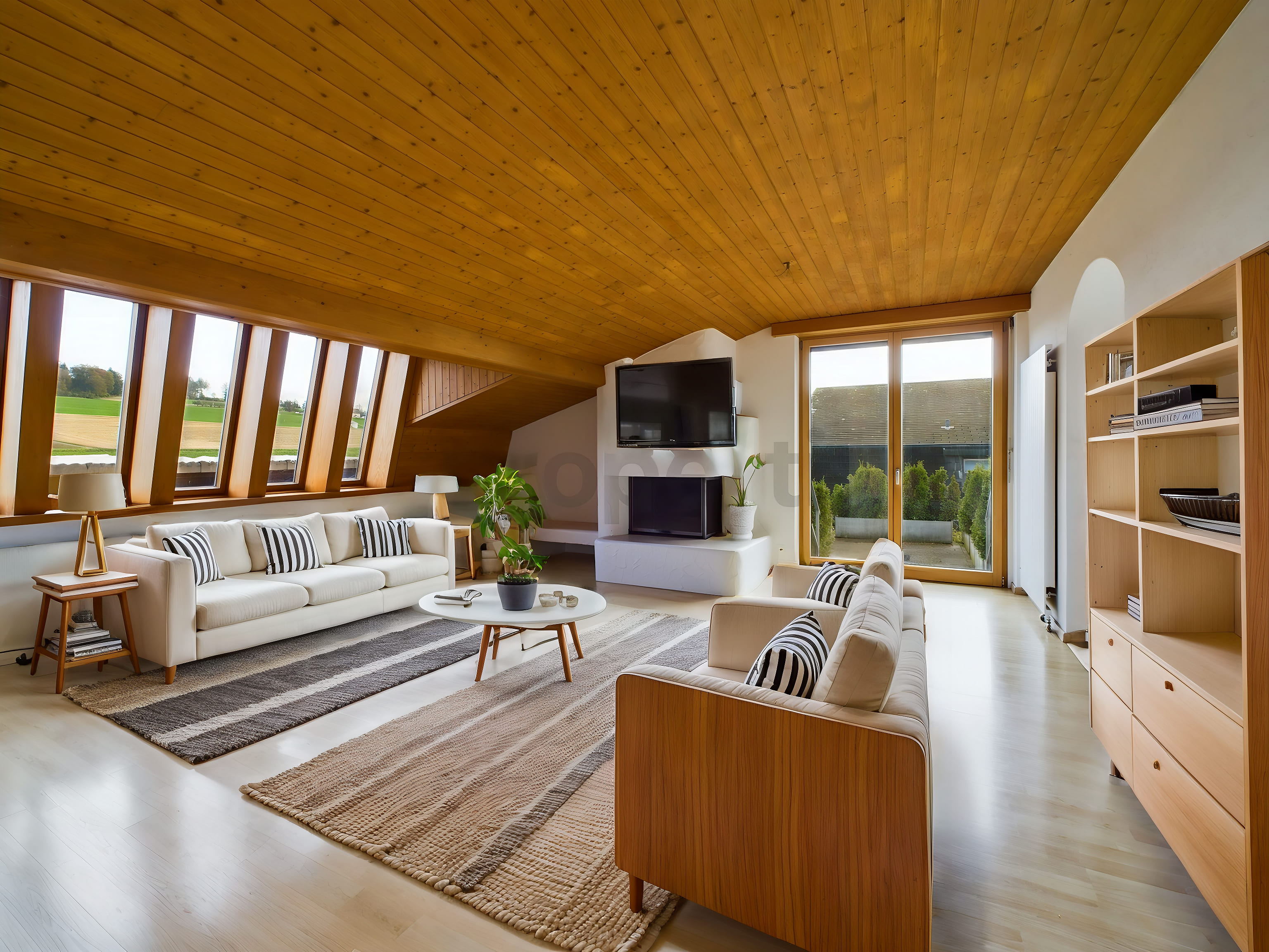 Heller Wohnraum mit Holzdecke und Panoramafenstern