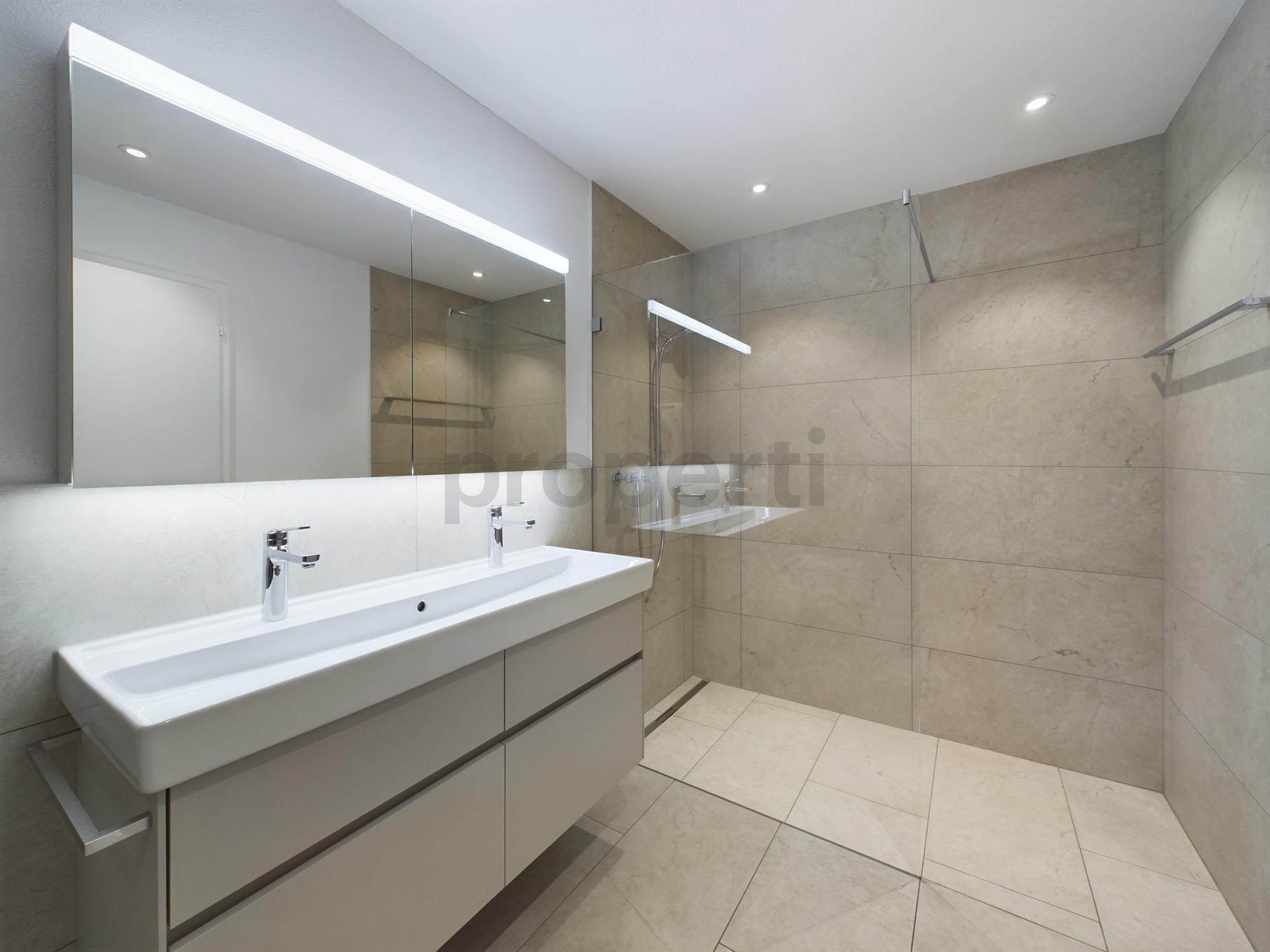 Modernes Badezimmer mit Walk-in-Dusche und Doppelwaschtisch