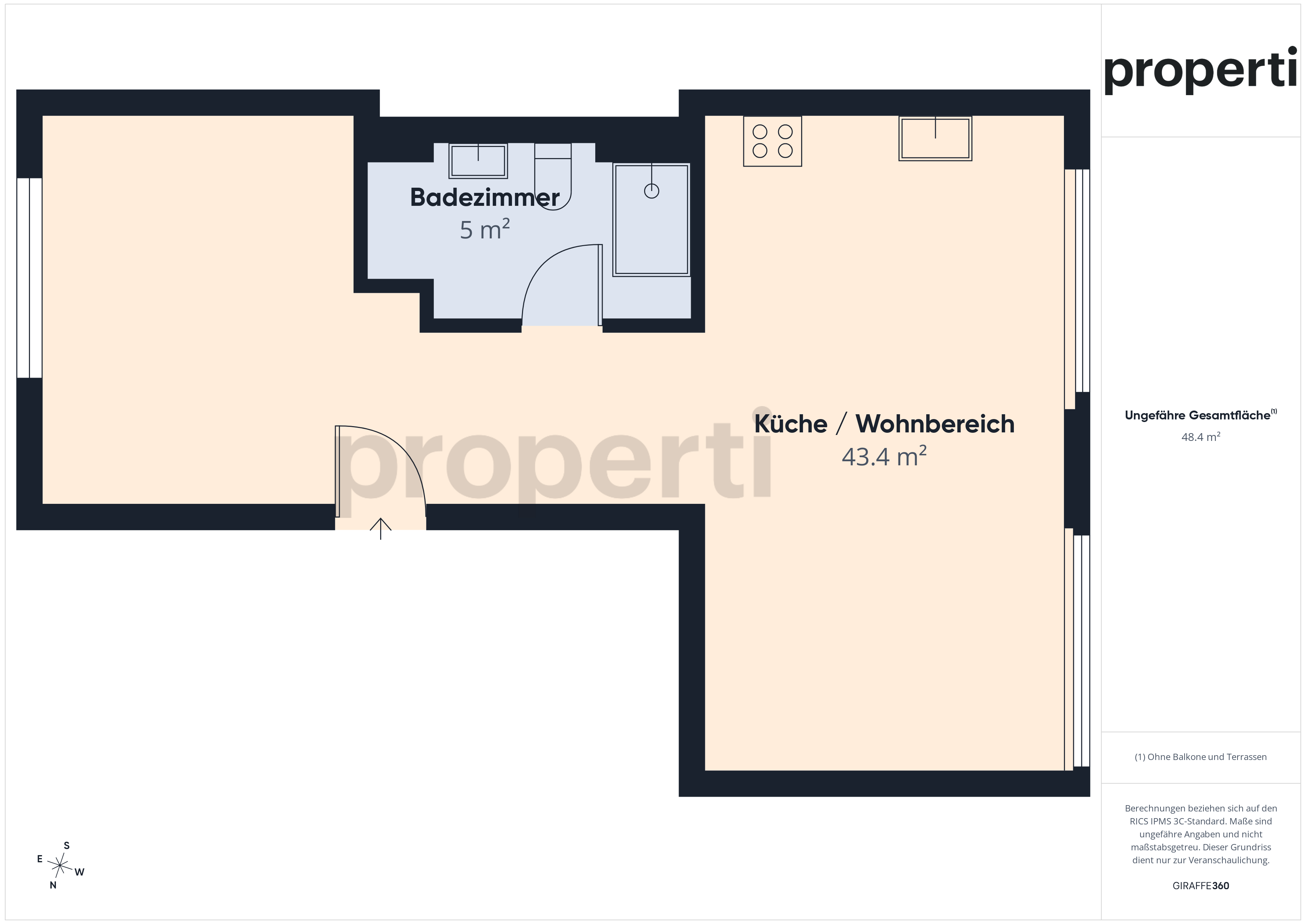 Grundriss einer Wohnung mit Küche/Wohnbereich und Badezimmer