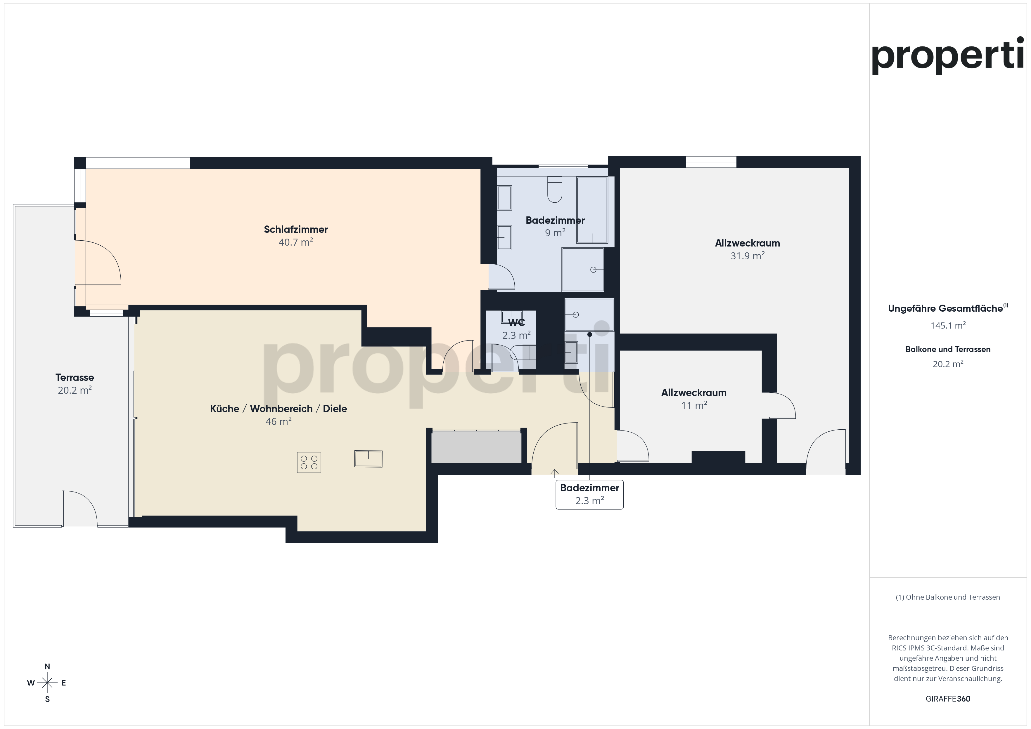 Grundriss mit Schlafzimmer, Küche/Wohnbereich und Bädern