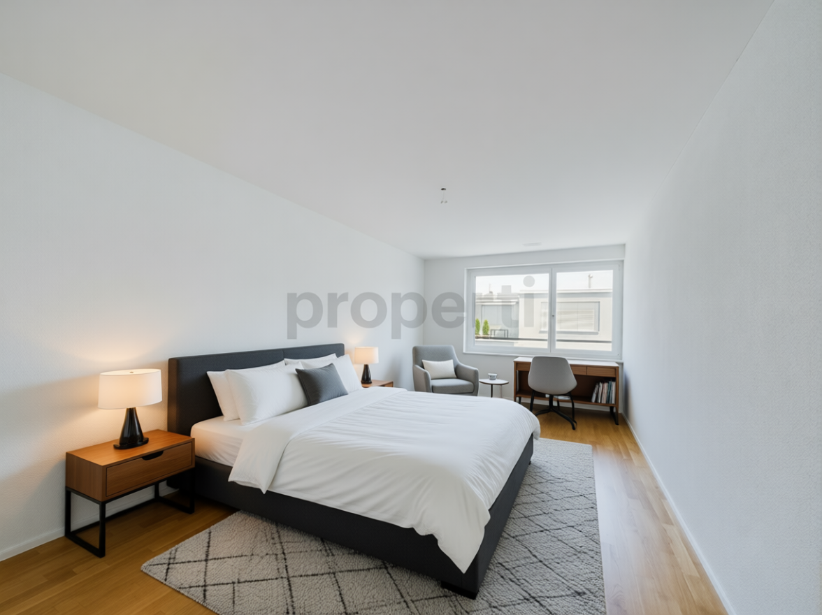 Helles, minimalistisches Schlafzimmer mit Home-Office-Ecke