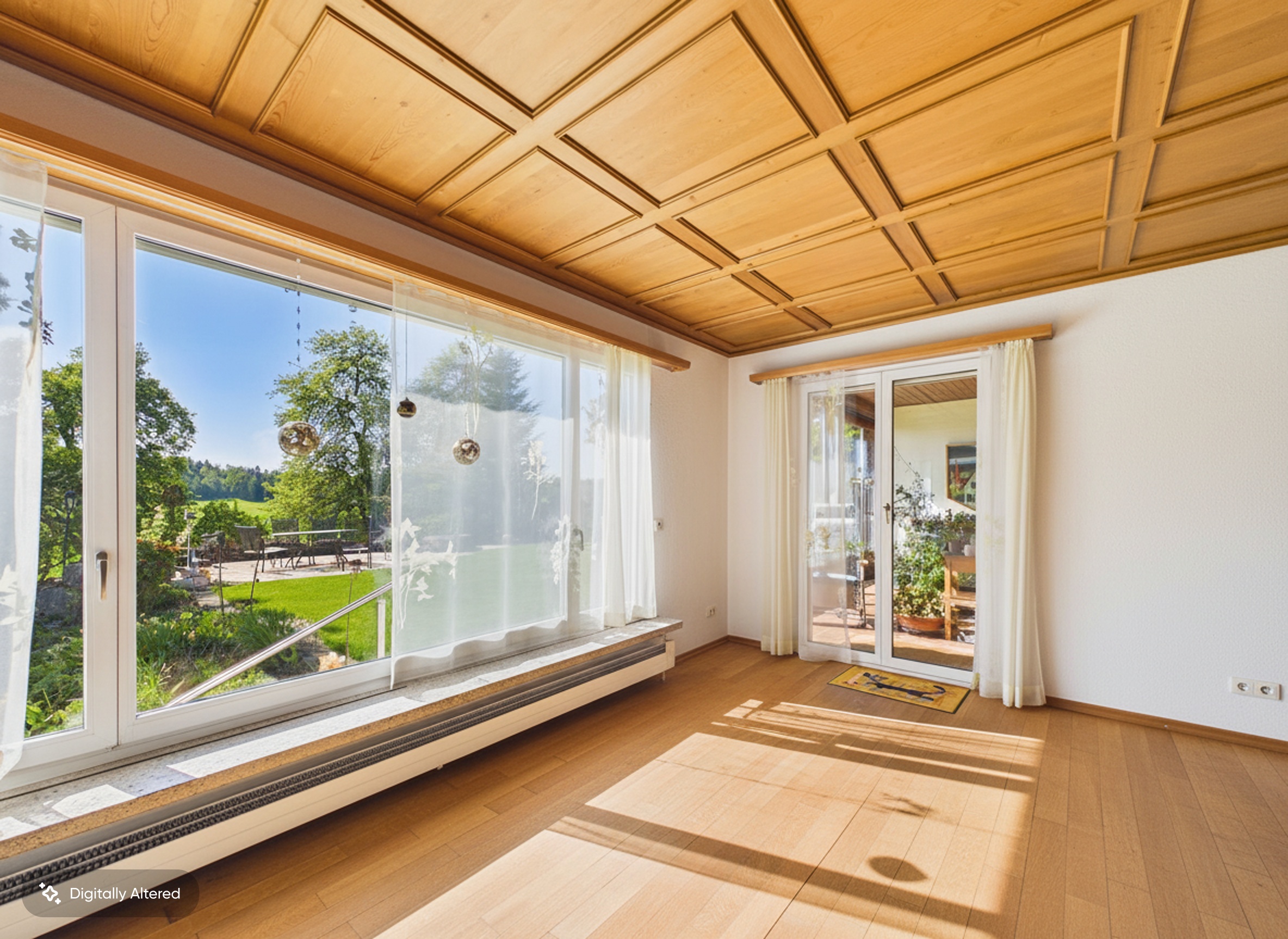 Heller Wohnraum mit Holzdecke und Gartenblick
