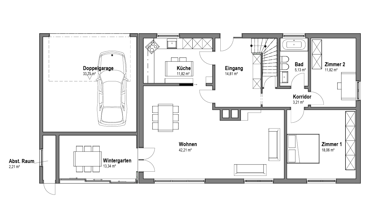 Grundriss eines Hauses mit Doppelgarage, Wintergarten, Wohnbereich, Küche, Eingang, Bad, Flur und zwei Zimmern