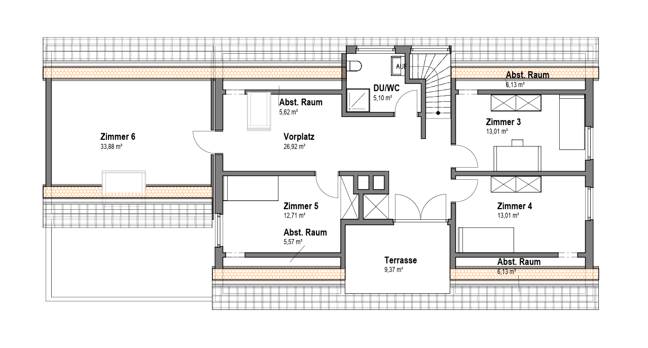 Grundriss eines Obergeschosses mit Zimmern, Vorplatz, Abstellräumen, DU/WC und Terrasse.