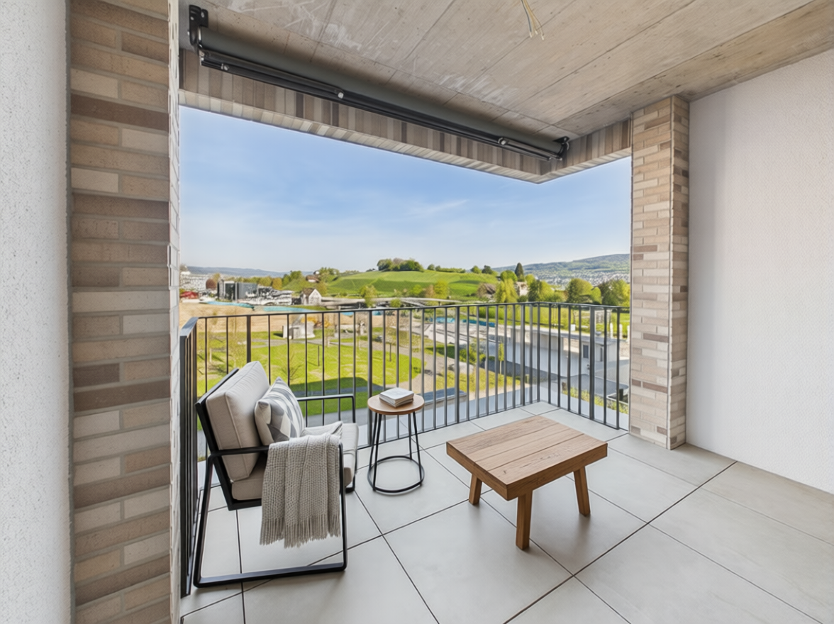 Überdachter Balkon mit Sitzbereich und weitem Ausblick