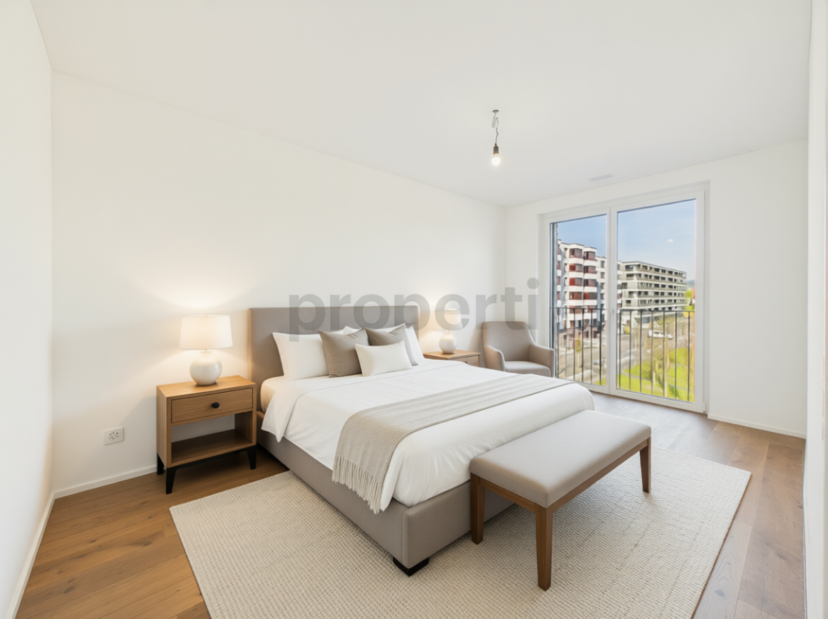 Helles Schlafzimmer mit Balkonblick