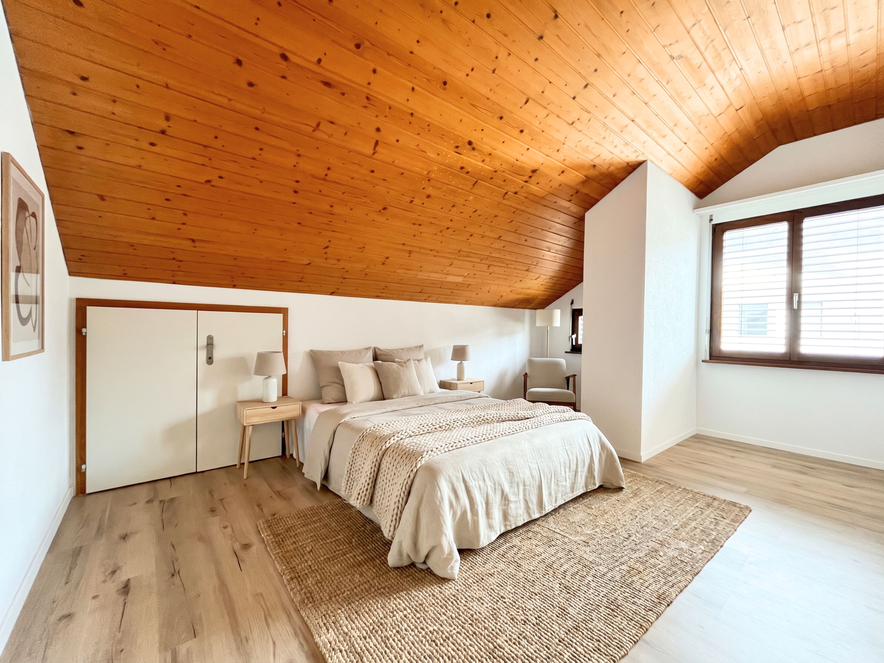 Helles Schlafzimmer mit Holzdecke