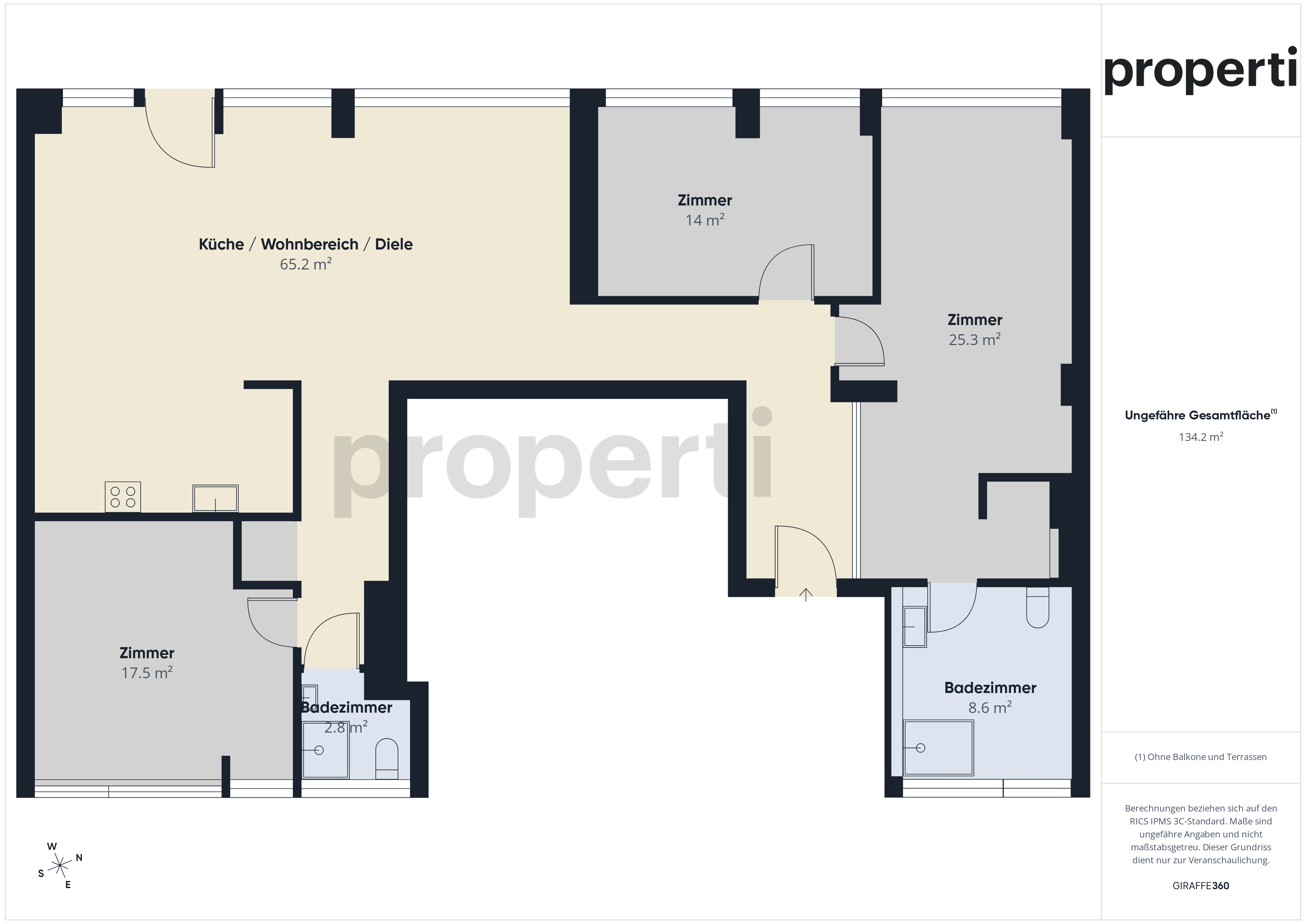 Grundriss einer Wohnung mit vier Zimmern und zwei Badezimmern