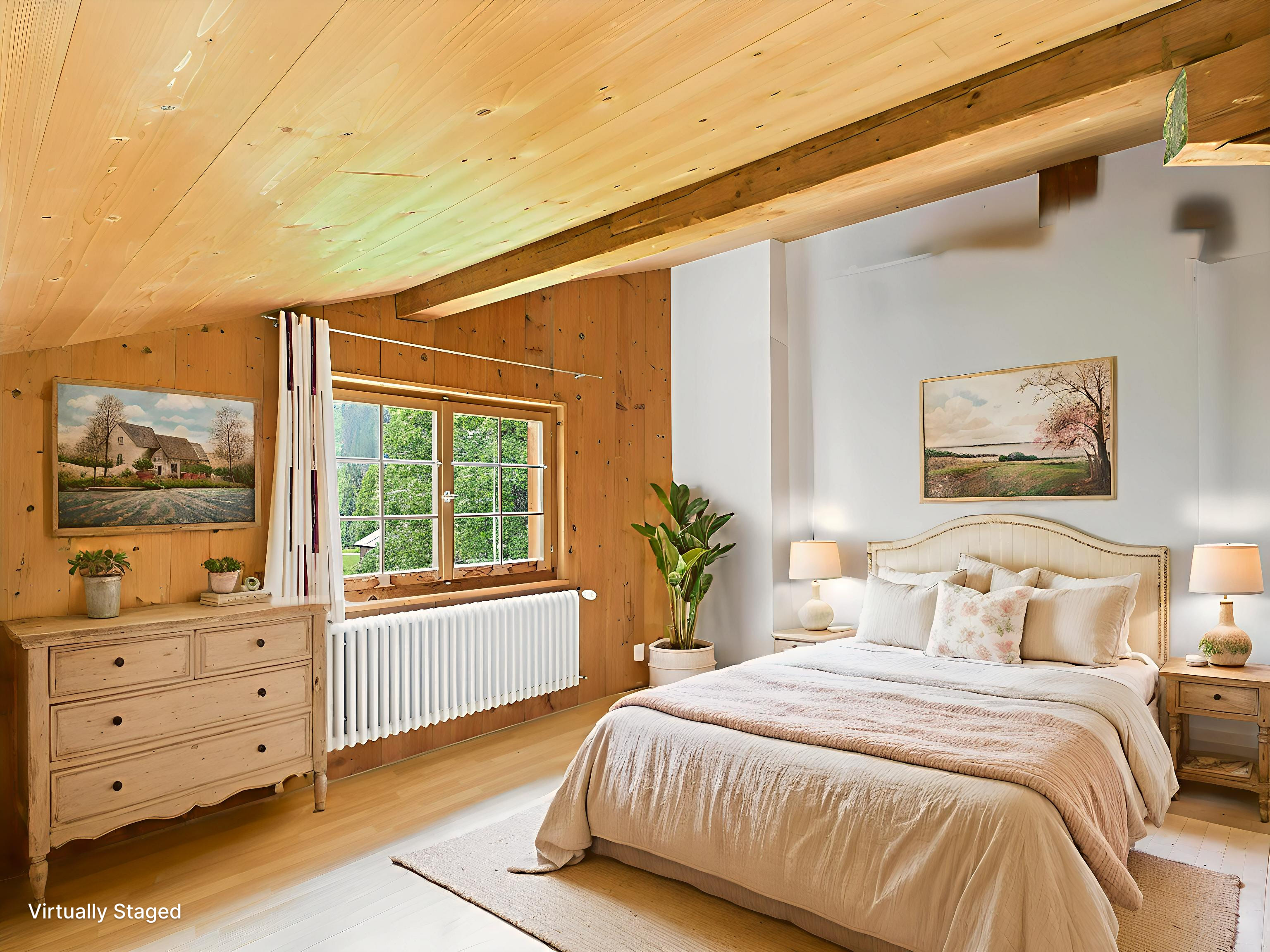Gemütliches, virtuell gestagtes Schlafzimmer im Landhausstil
