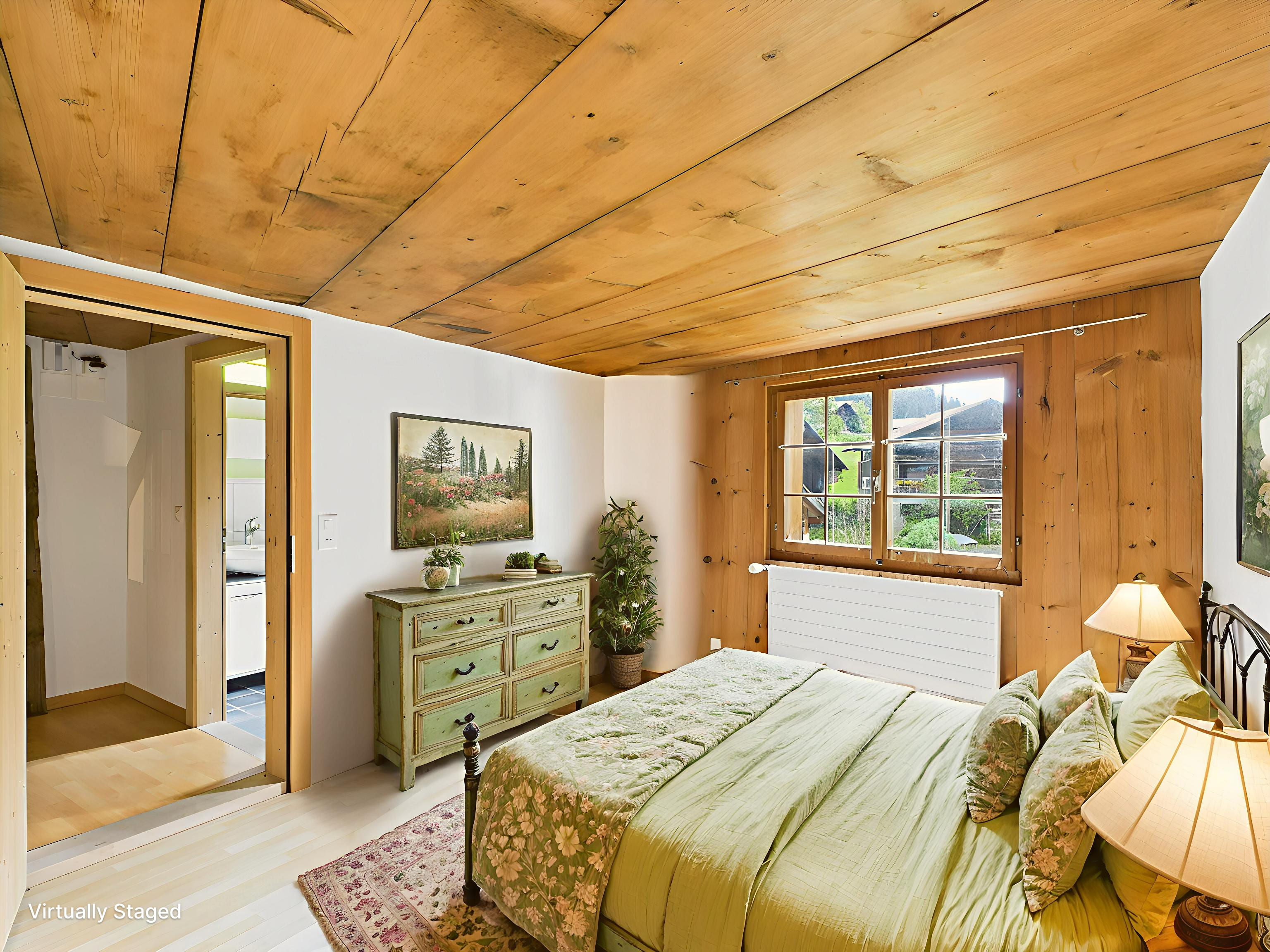 Virtuell gestagtes Schlafzimmer mit Holzdecke