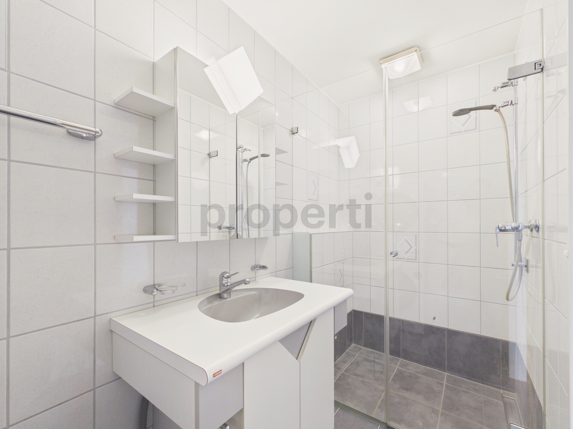Modernes Badezimmer mit Dusche und Waschtisch