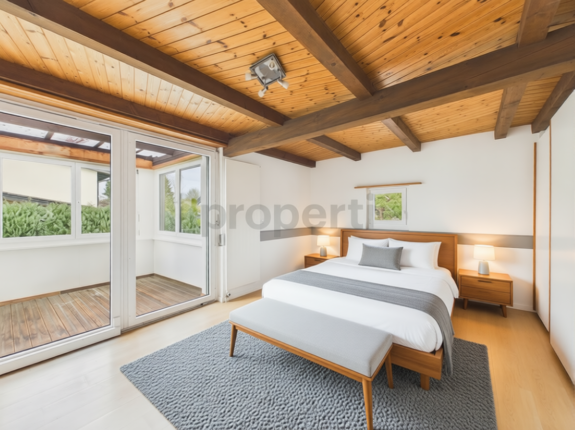 Helles Schlafzimmer mit Holzbalkendecke und Balkonzugang