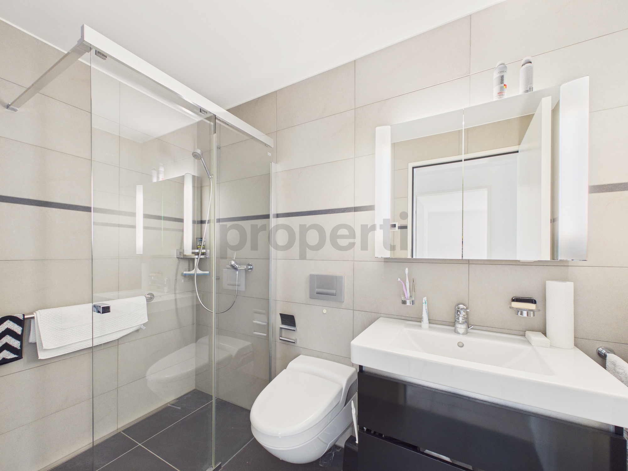 Modernes Badezimmer mit Glasdusche und Waschtisch