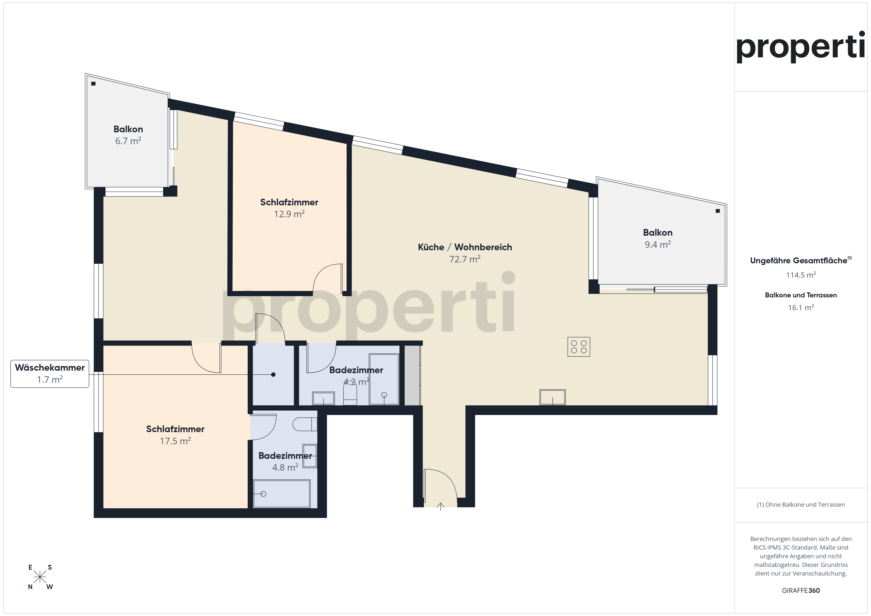 Grundriss einer Wohnung mit zwei Balkonen