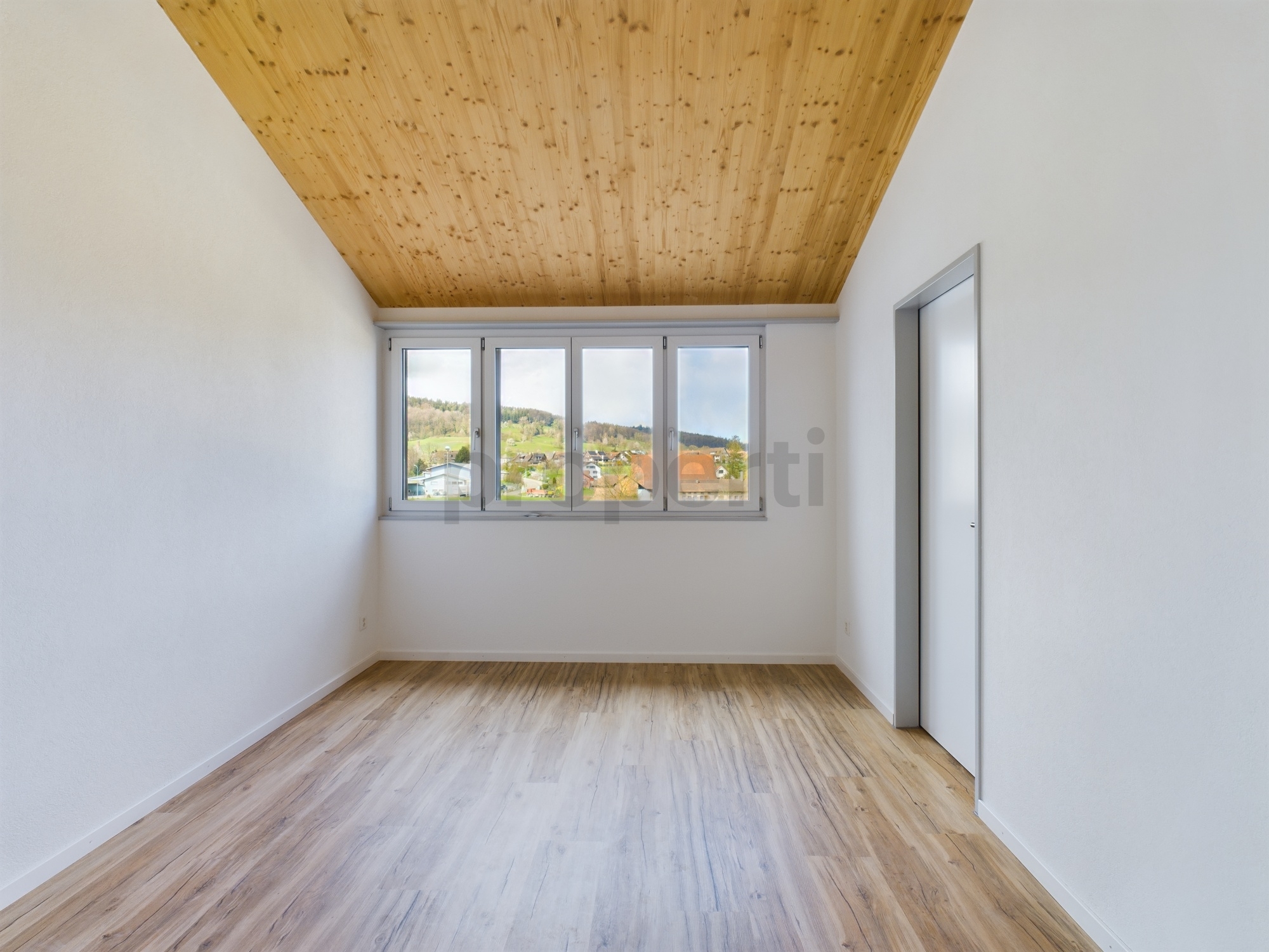 Heller leerer Raum mit Holzdecke und Blick ins Grüne