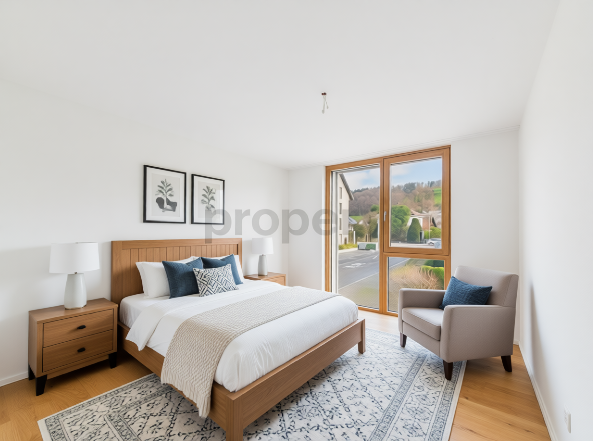 Helles Schlafzimmer mit Holzdetails