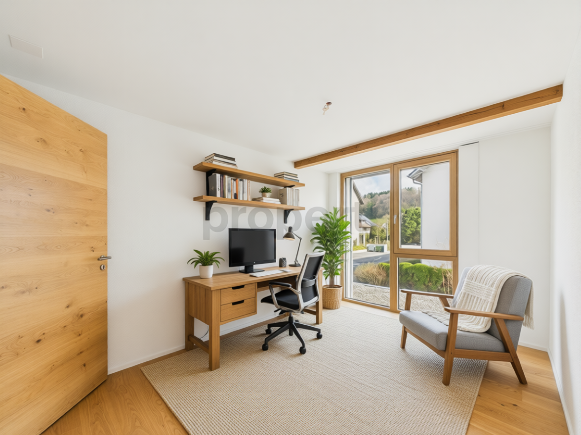 Helles Homeoffice mit Holzmöbeln und großem Fenster