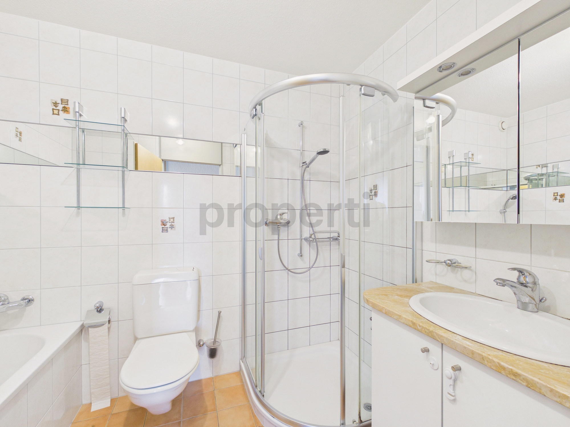 Modernes Badezimmer mit Duschkabine und Spiegelwaschtisch