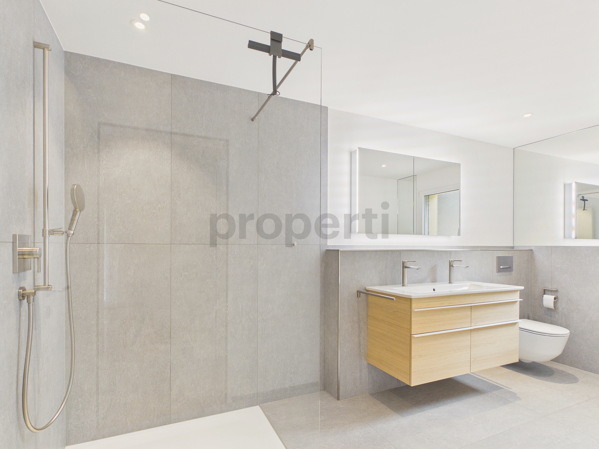 Modernes Badezimmer mit Walk-in-Dusche und Waschtisch