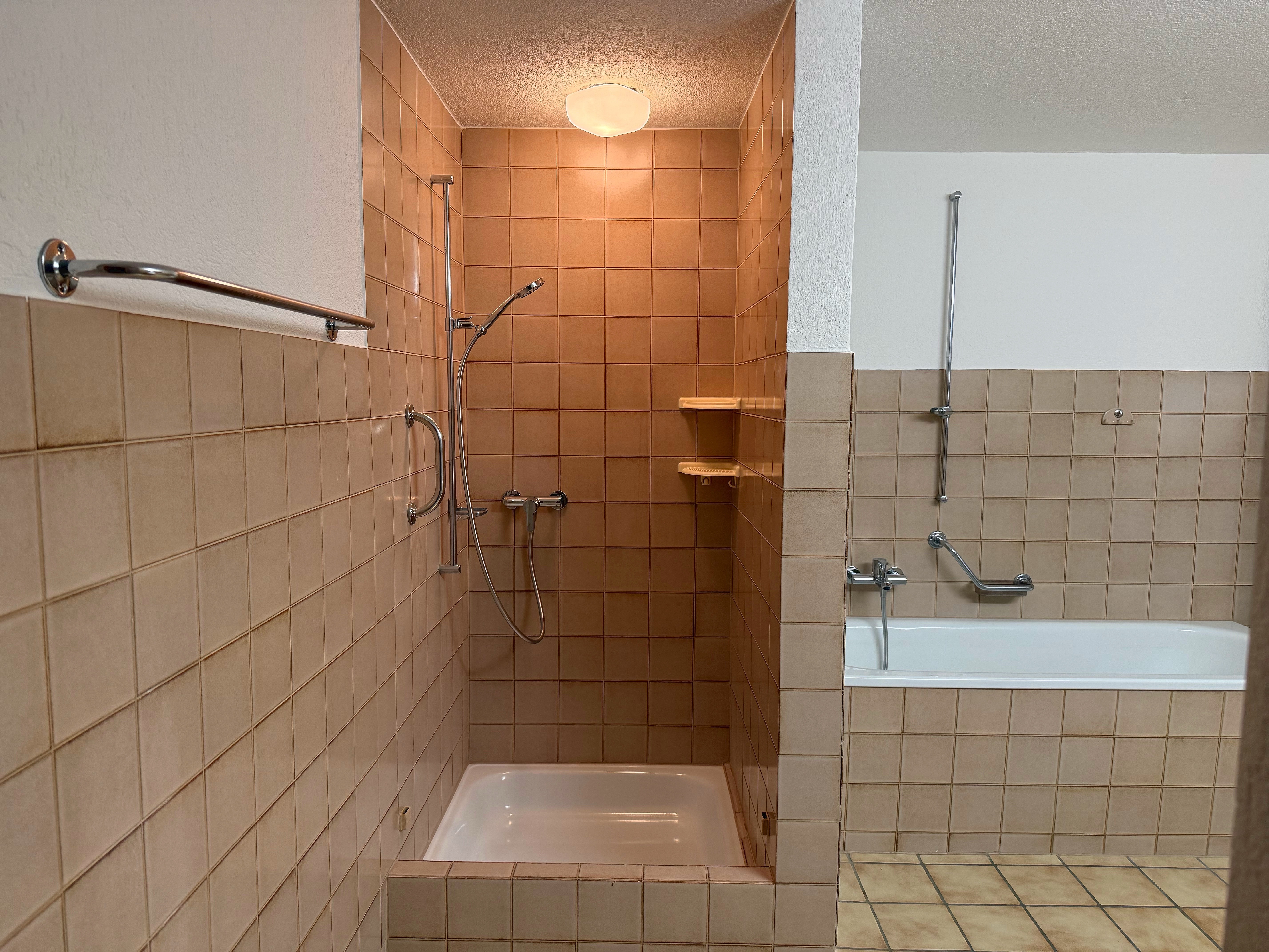 Badezimmer mit Dusch- und Wannenzone