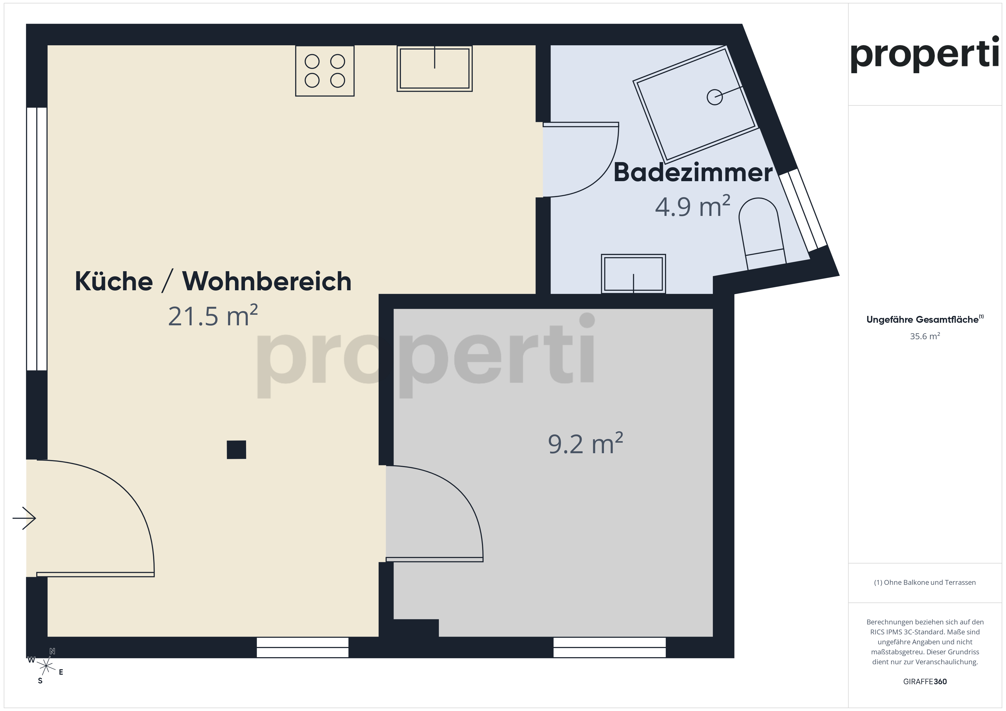 Grundriss mit Küche/Wohnbereich und Bad