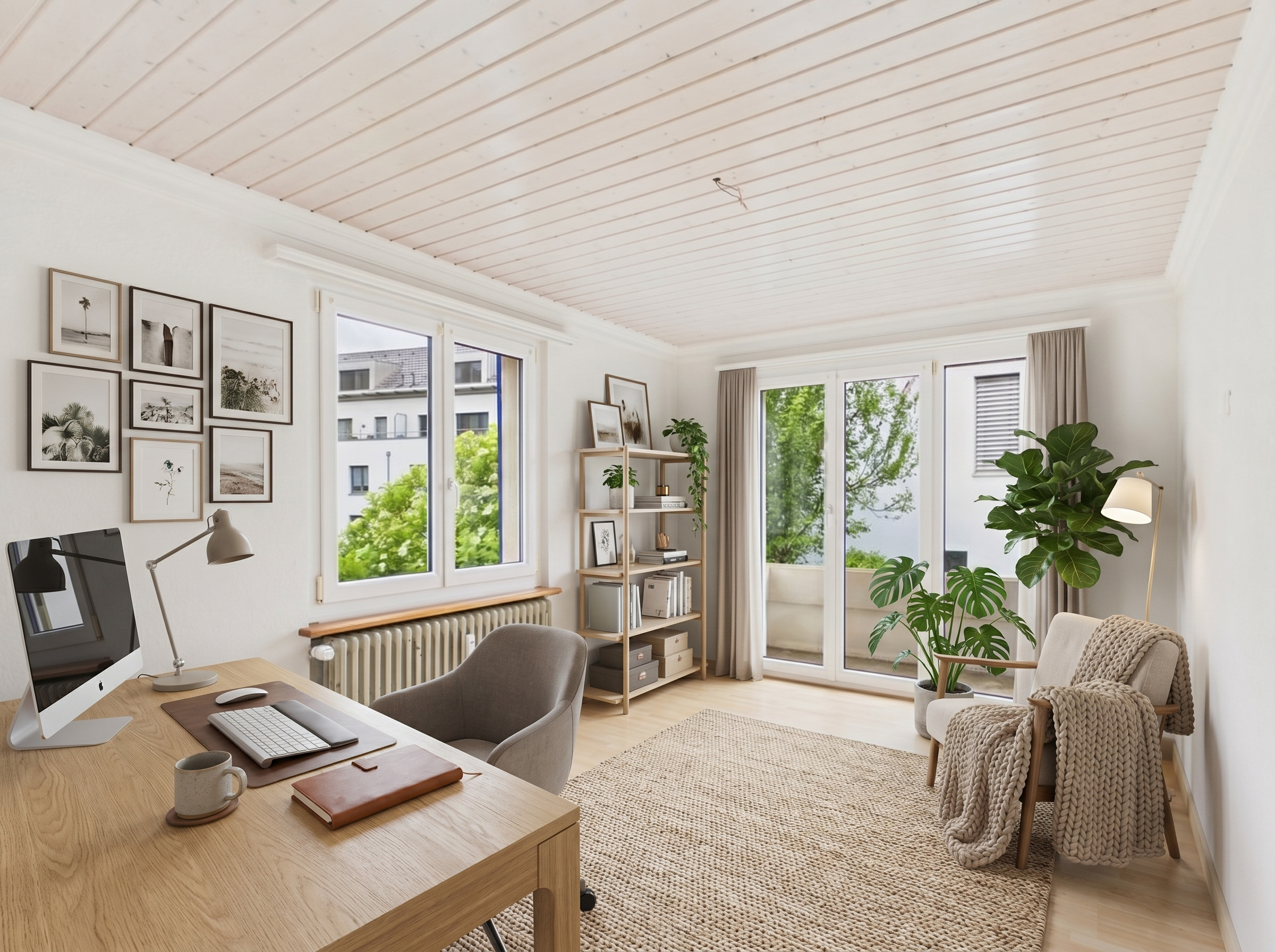 Helles Arbeitszimmer mit Balkonblick