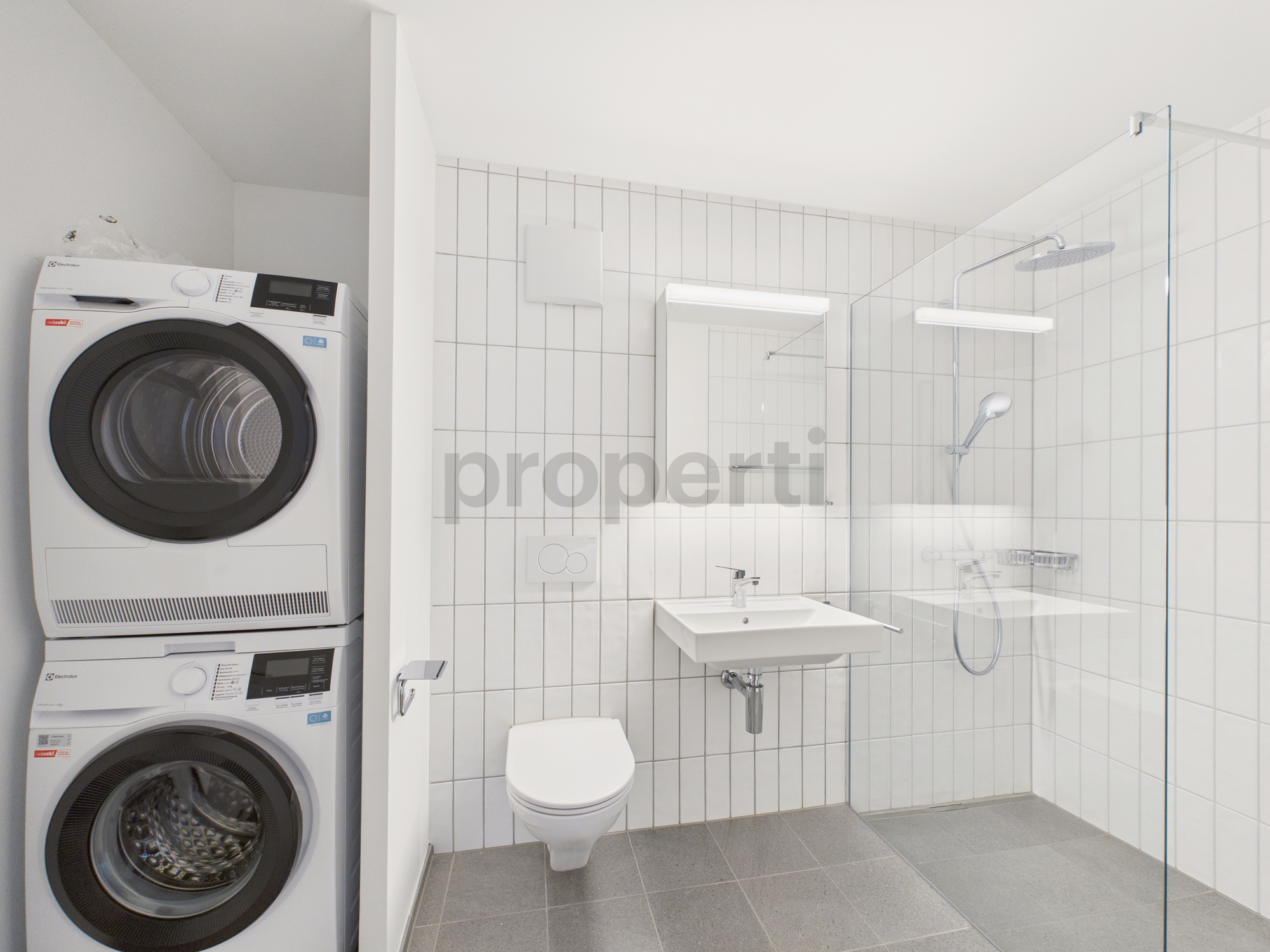 Modernes Badezimmer mit Waschmaschine und Dusche