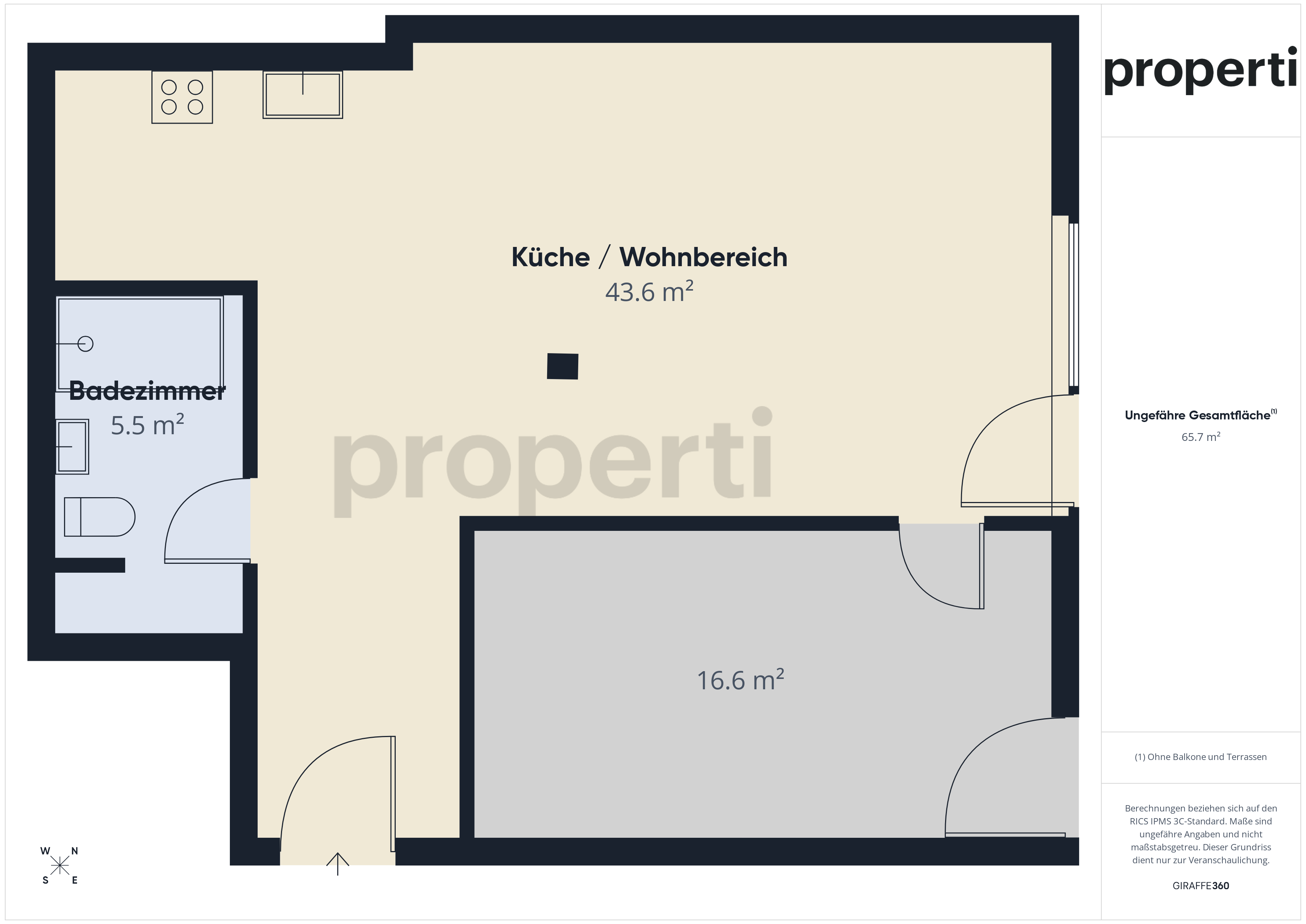 Grundriss einer Wohnung mit Küche/Wohnbereich und Badezimmer