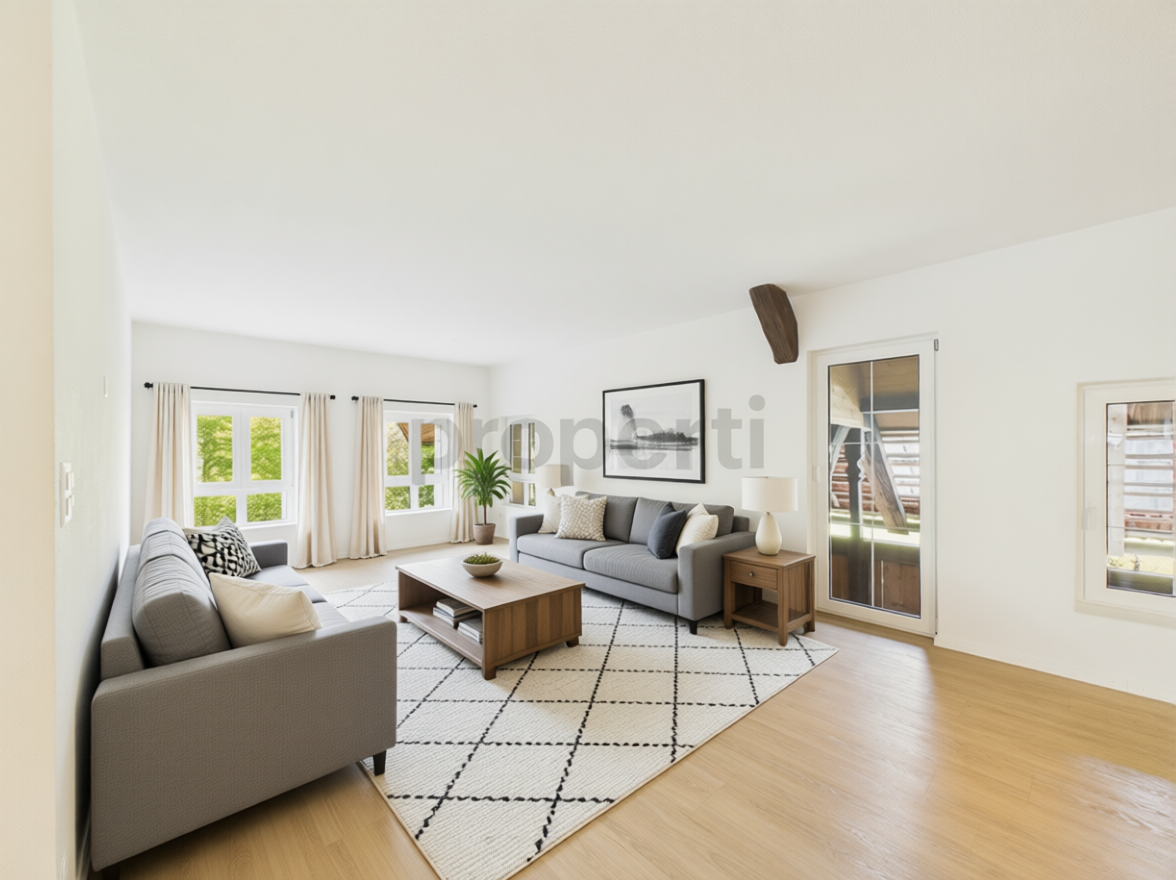 Helles Wohnzimmer mit zwei Sofas und großem Fensterbereich