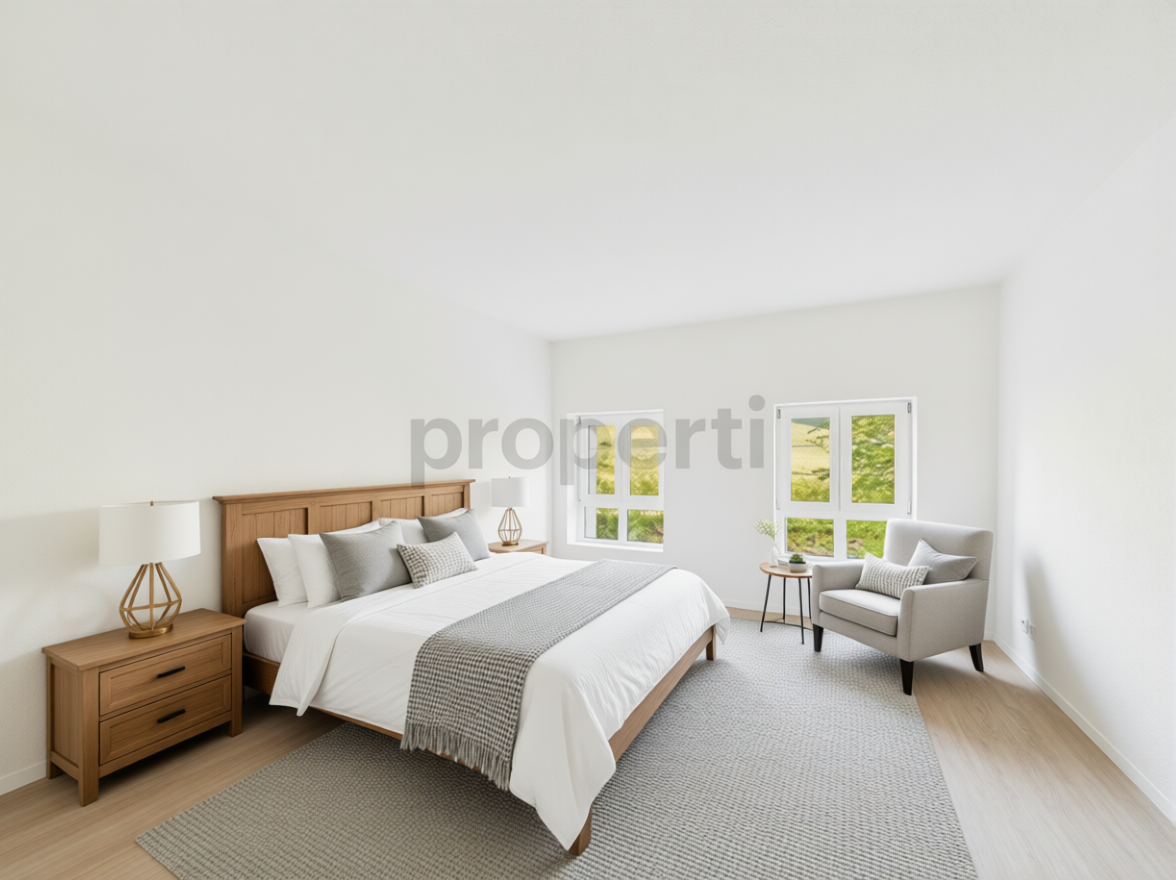 Helles, schlicht eingerichtetes Schlafzimmer