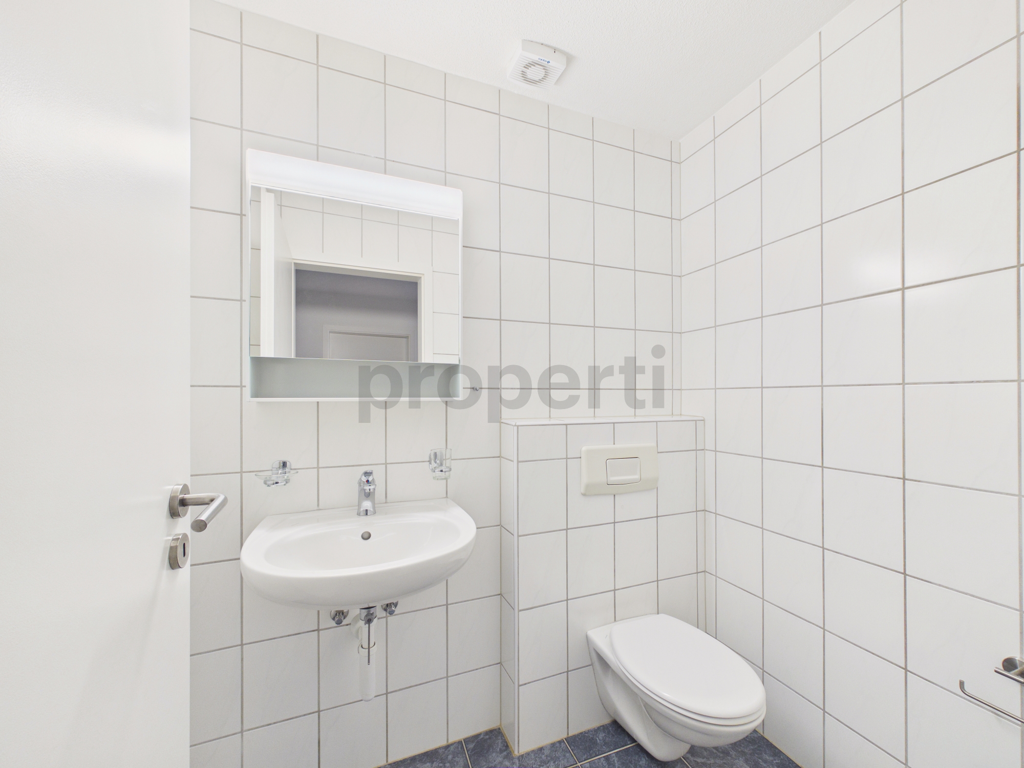 Kleines, helles Gäste-WC mit Wand-WC und Handwaschbecken
