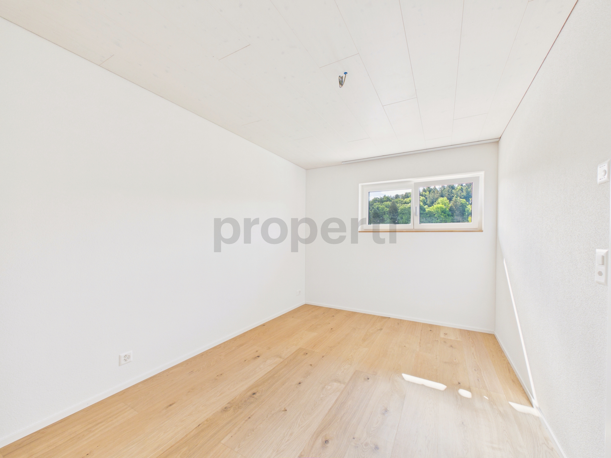 Helles leeres Zimmer mit Holzboden und Fenster