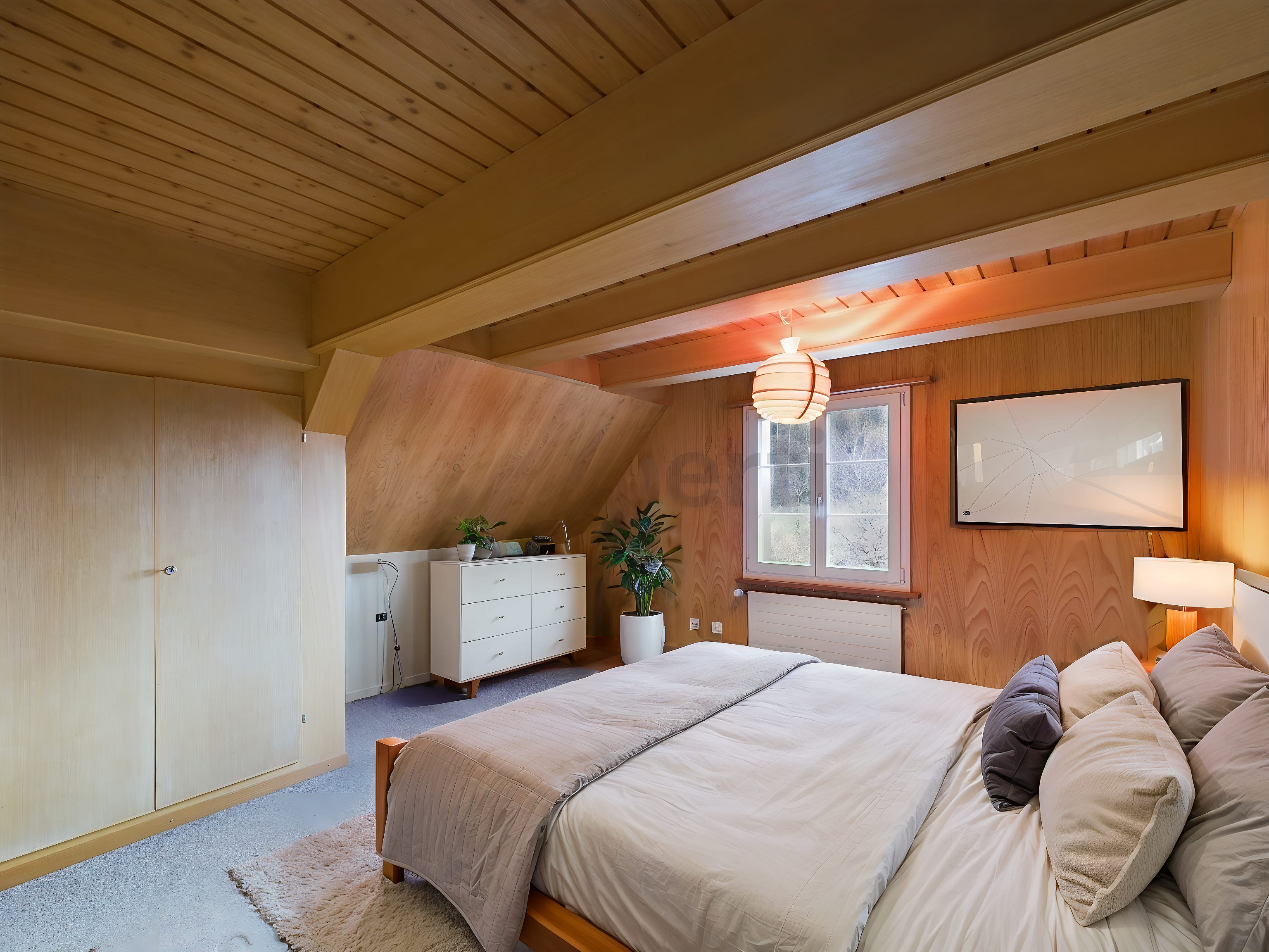 Gemütliches Schlafzimmer mit Holzverkleidung