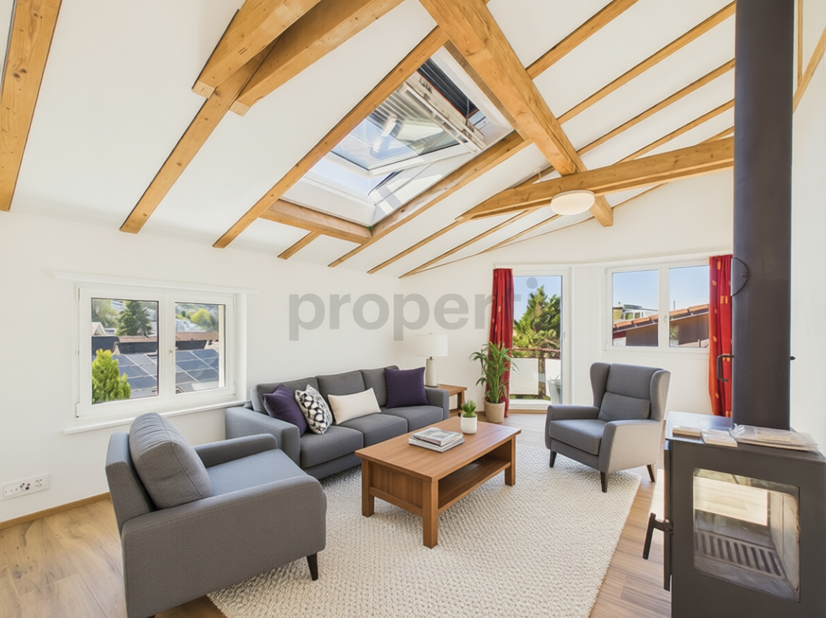Helles Wohnzimmer mit sichtbaren Holzbalken und Dachfenster