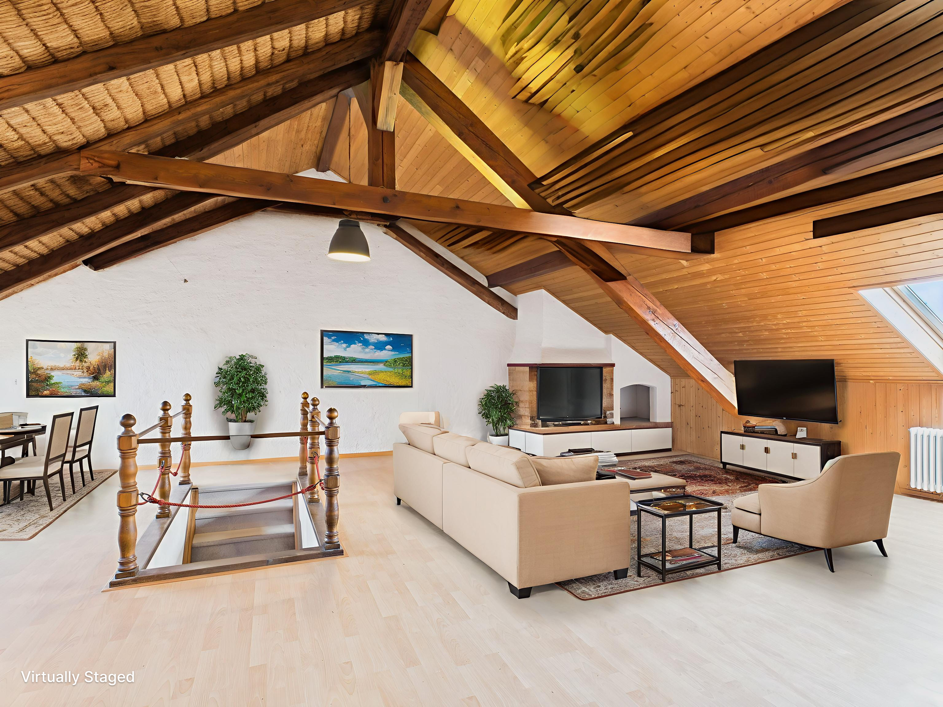 Virtuell inszeniertes Dachgeschoss-Wohnzimmer mit offener Galerie