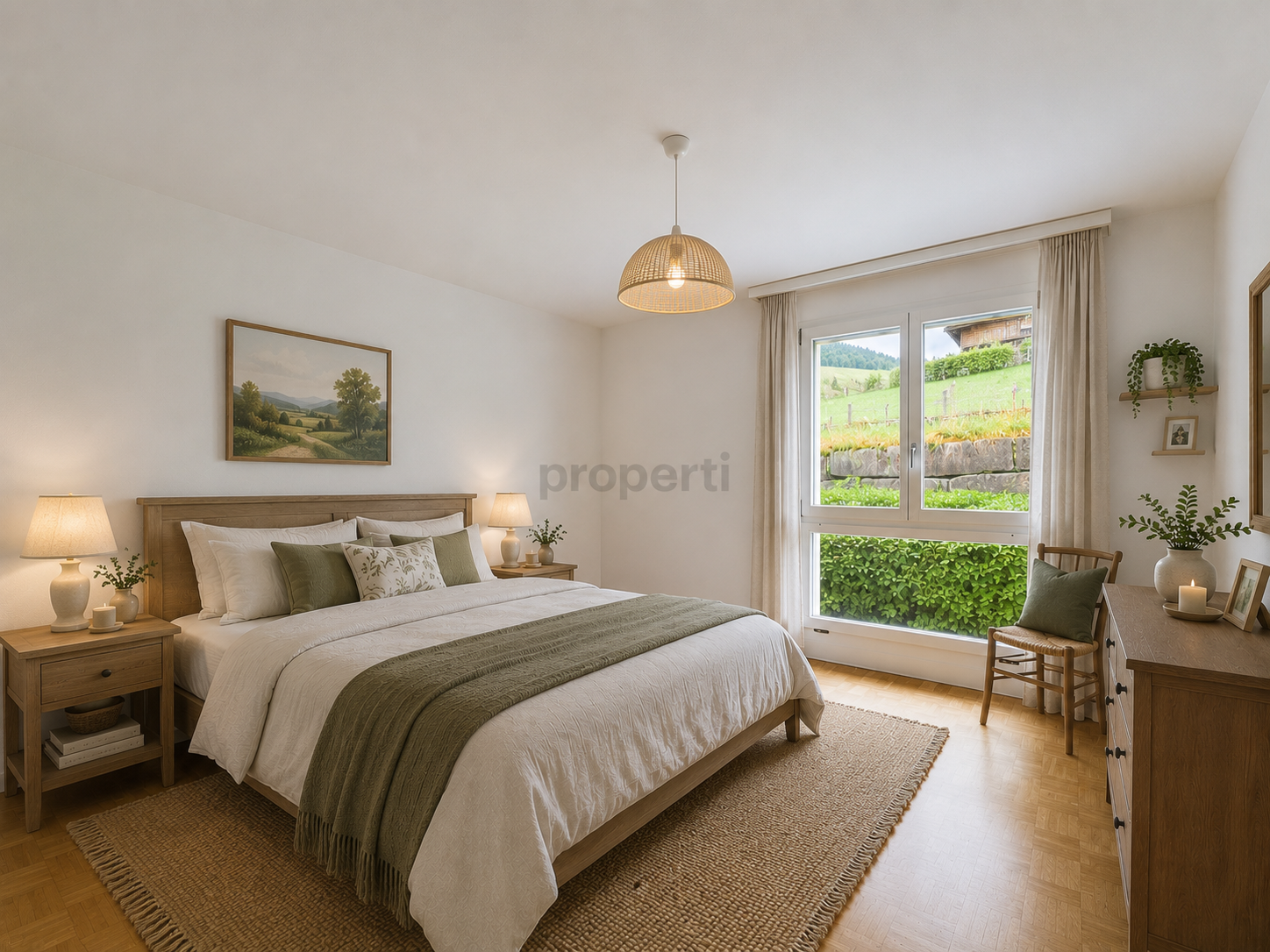 Helles Schlafzimmer mit Naturholz und Grünakzenten