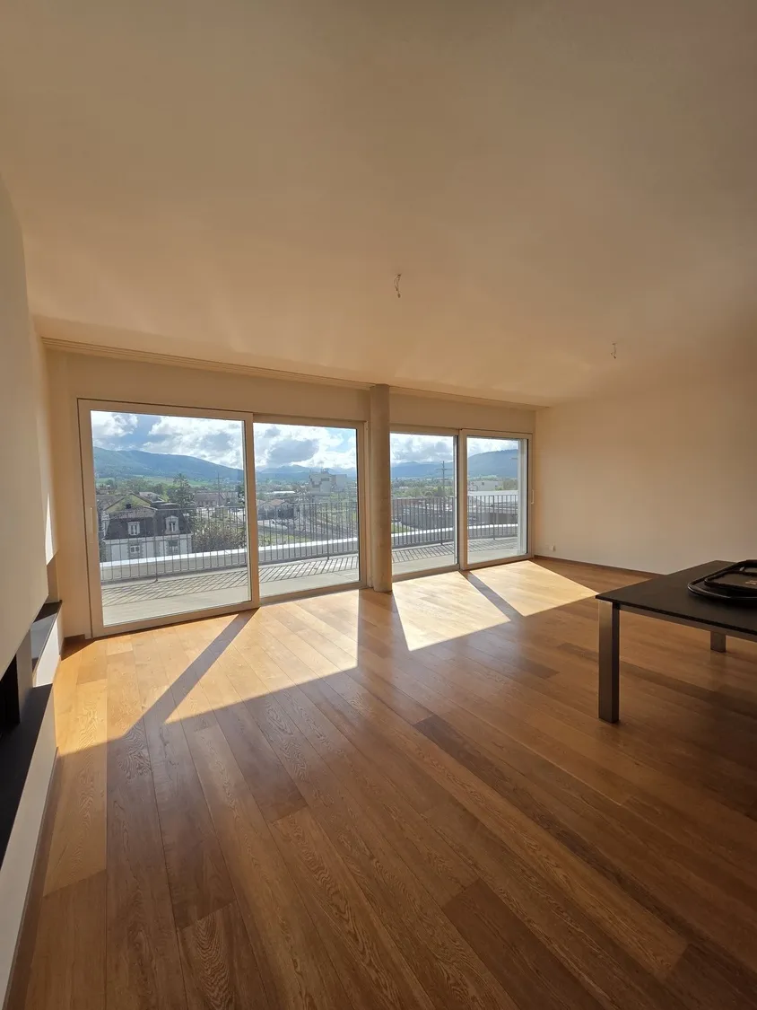 Lichtdurchfluteter leerer Wohnraum mit Balkonblick