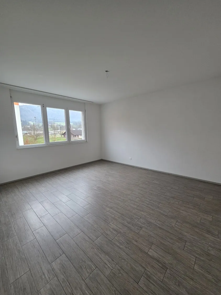 Leerer, heller Wohnraum mit Fensterblick