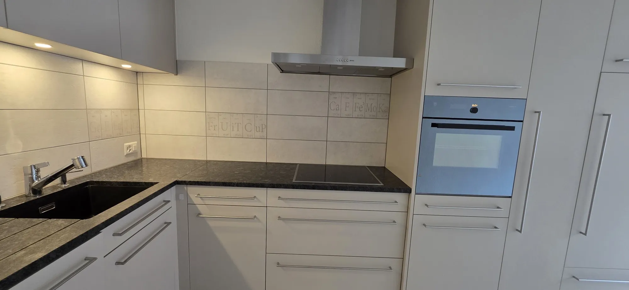 Moderne Einbauküche in hellen und dunklen Tönen