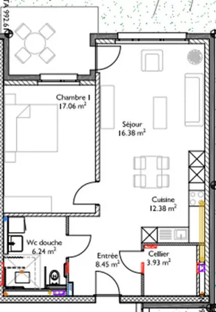 Grundriss einer Wohnung mit 2 Zimmern, Küche, Bad und Keller
