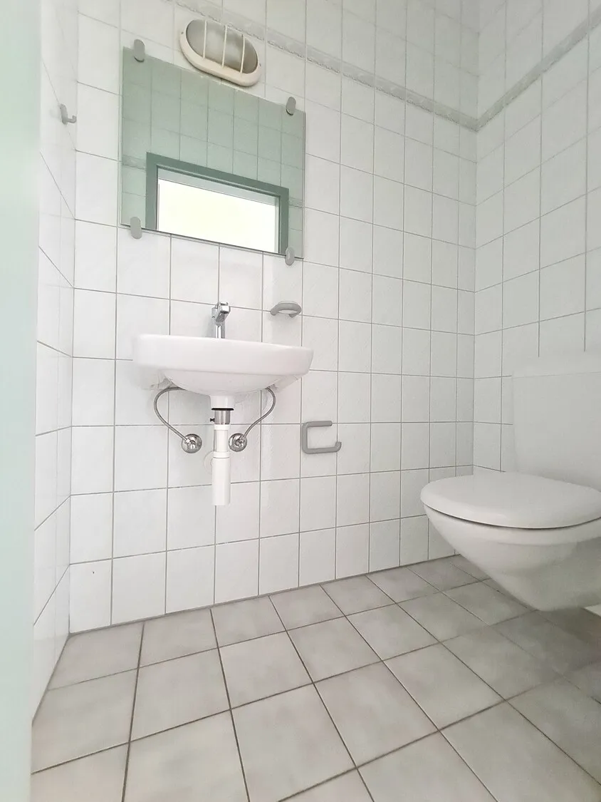 Kleines gefliestes Badezimmer mit WC und Waschbecken